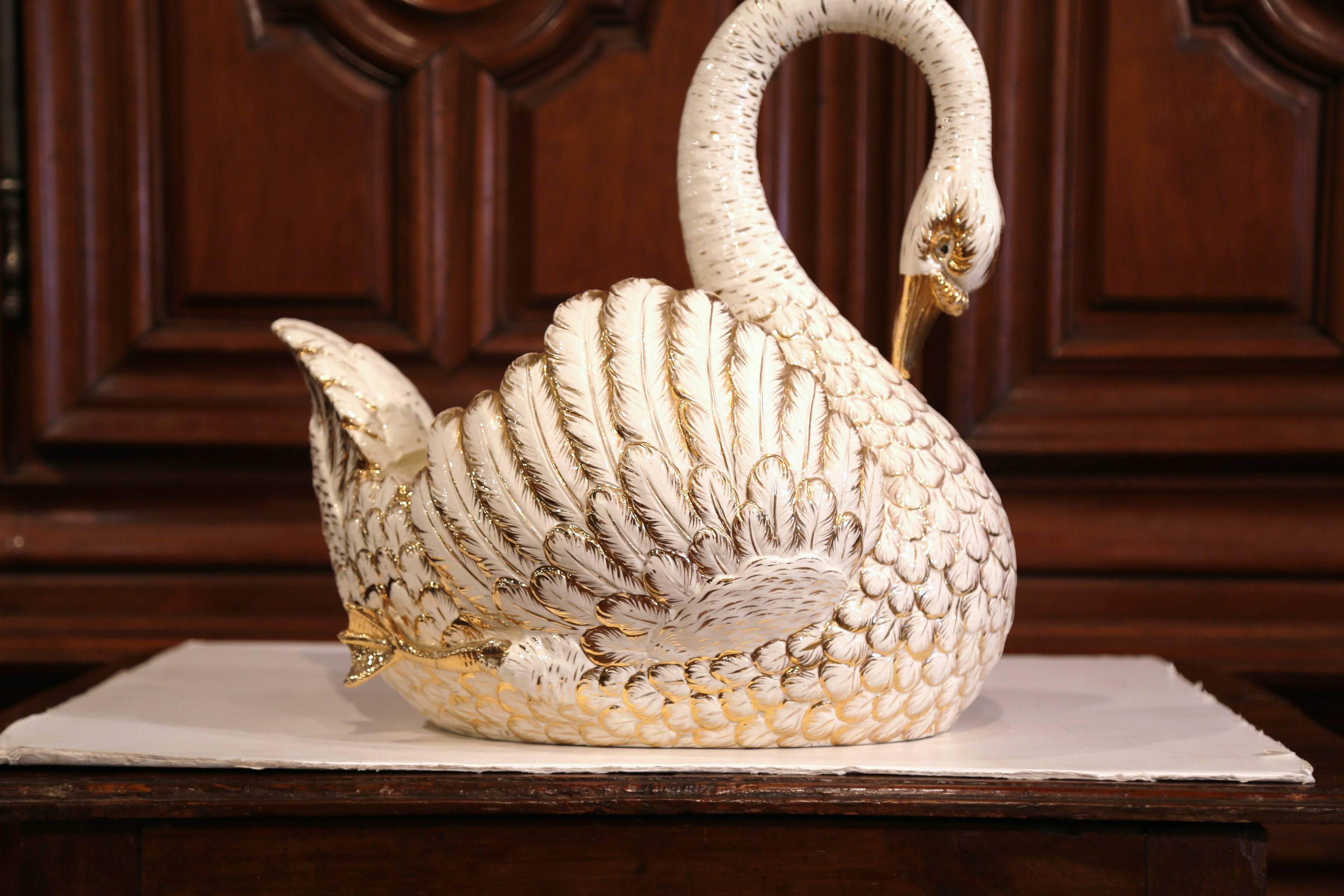 Large Mid-20th Century French White and Gilt Porcelain Swan Jardinière In Excellent Condition In Dallas, TX