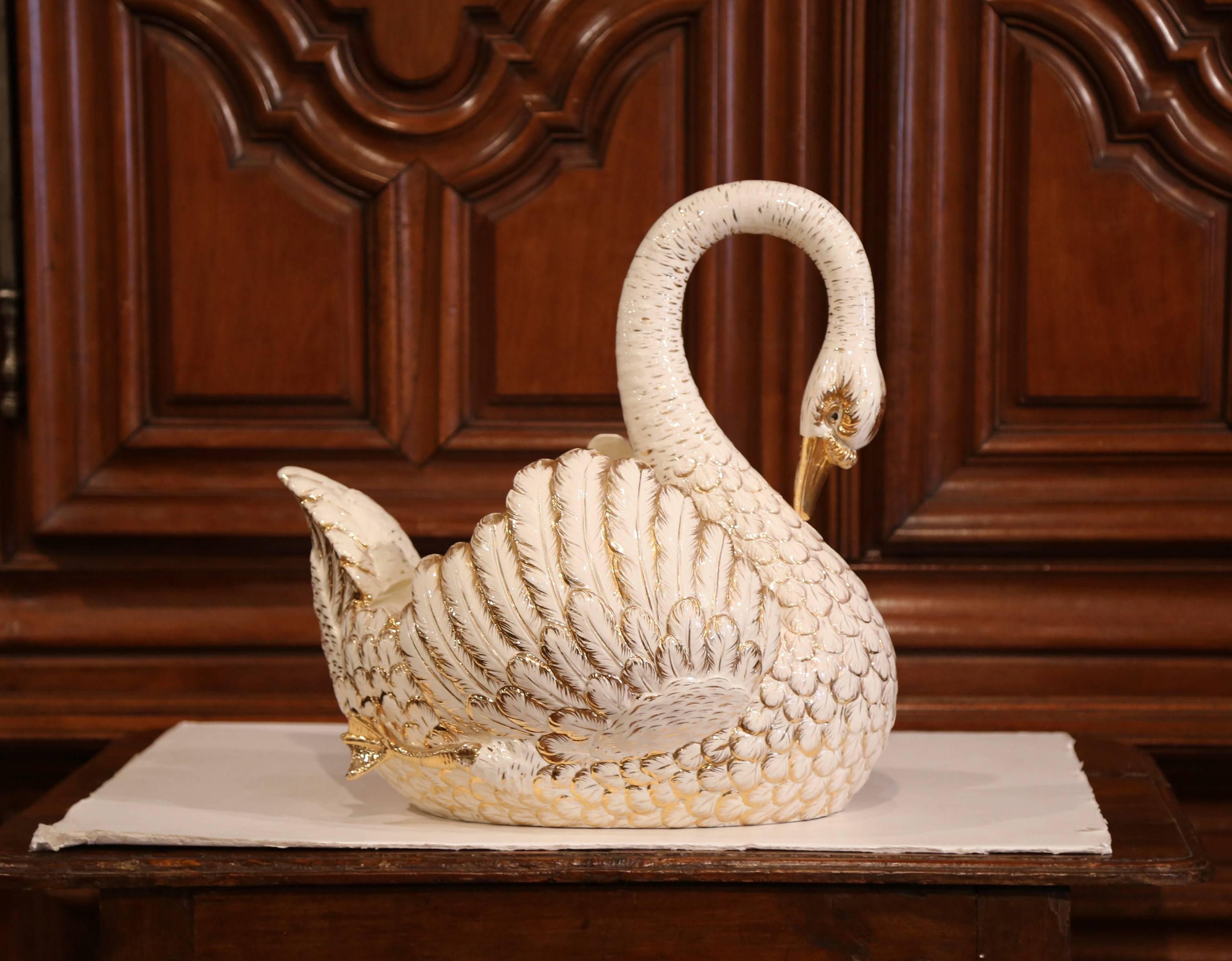 Ceramic Large Mid-20th Century French White and Gilt Porcelain Swan Jardinière