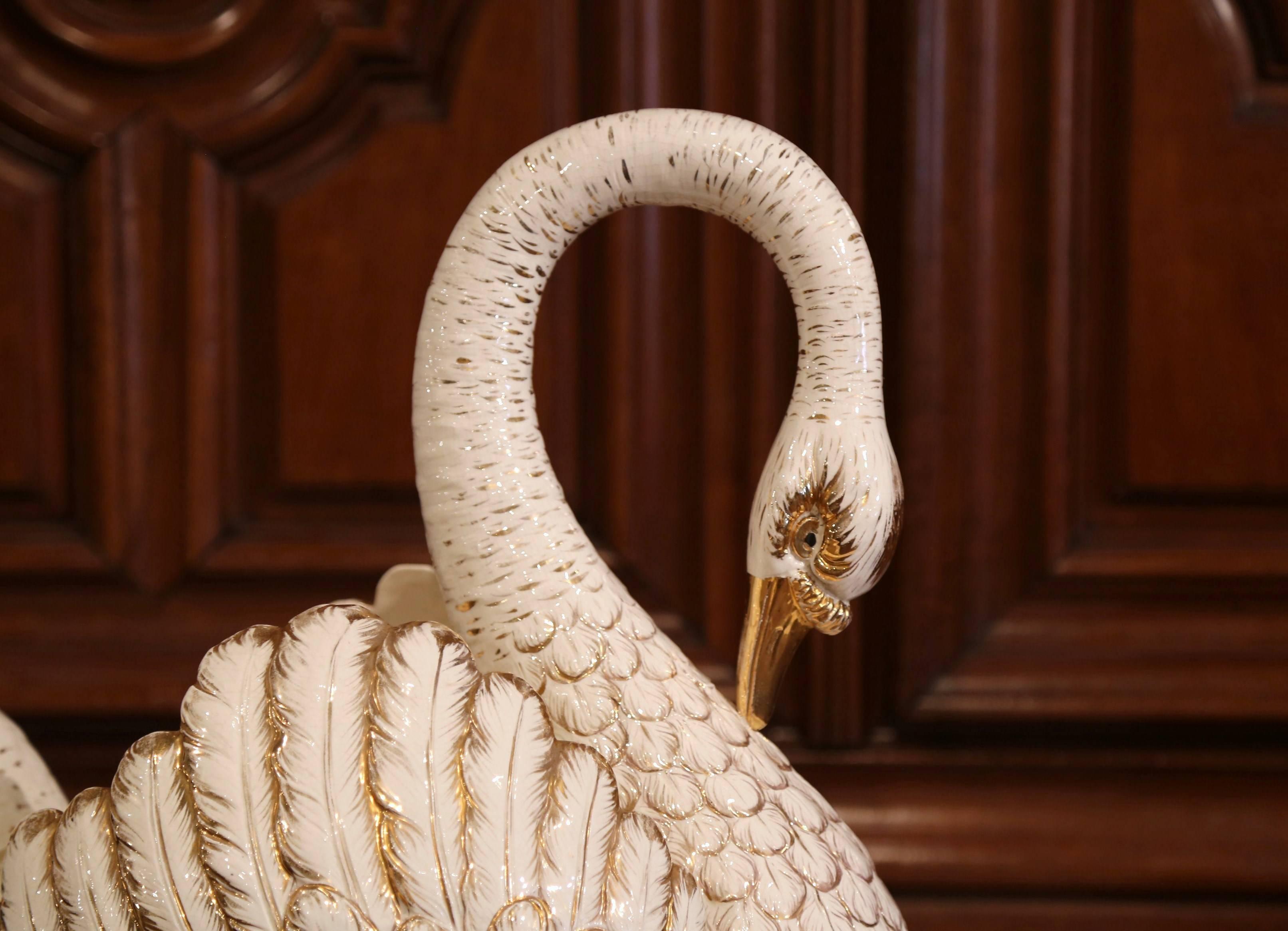 Large Mid-20th Century French White and Gilt Porcelain Swan Jardinière 1