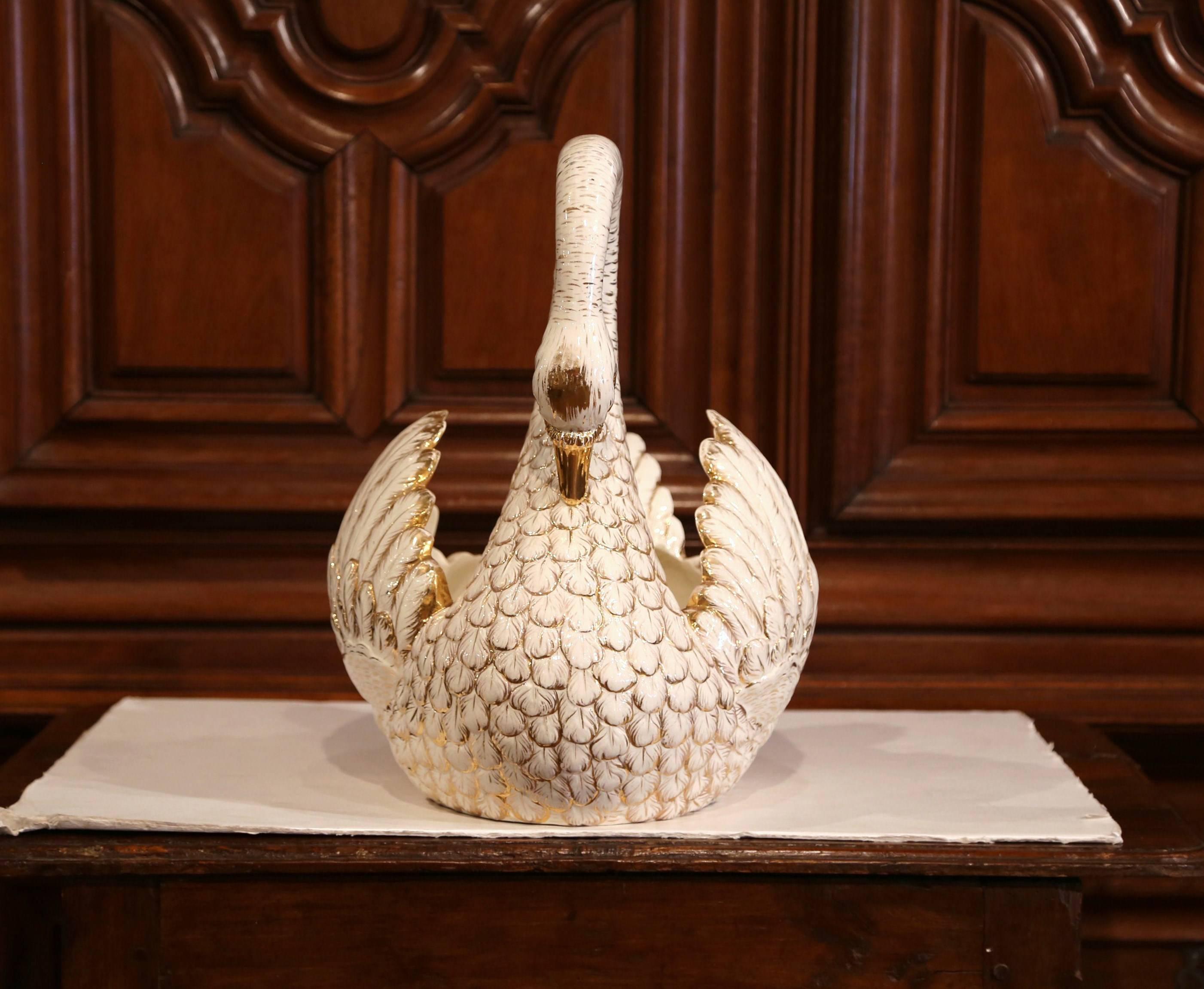 Large Mid-20th Century French White and Gilt Porcelain Swan Jardinière 2