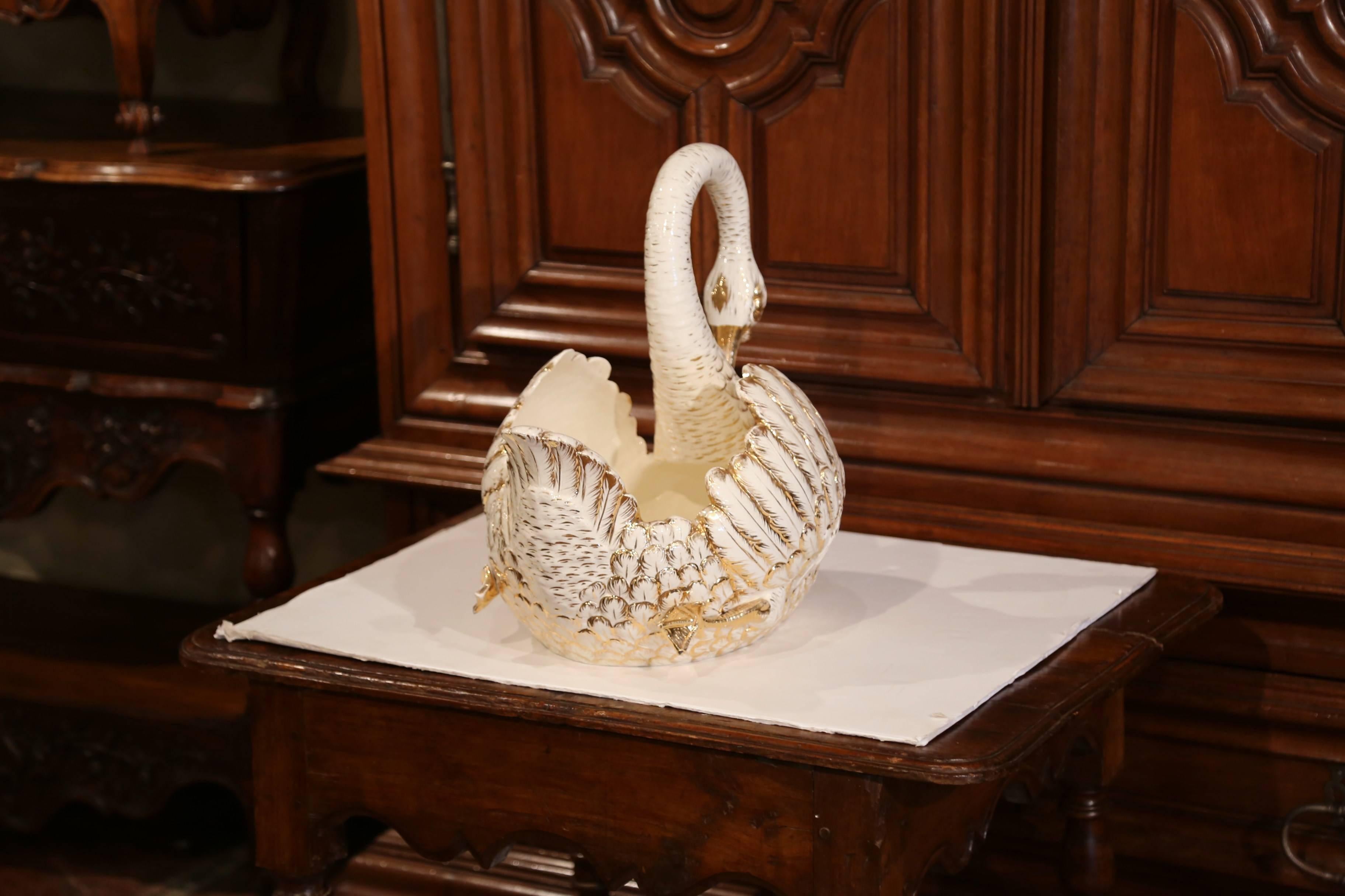 Large Mid-20th Century French White and Gilt Porcelain Swan Jardinière 3