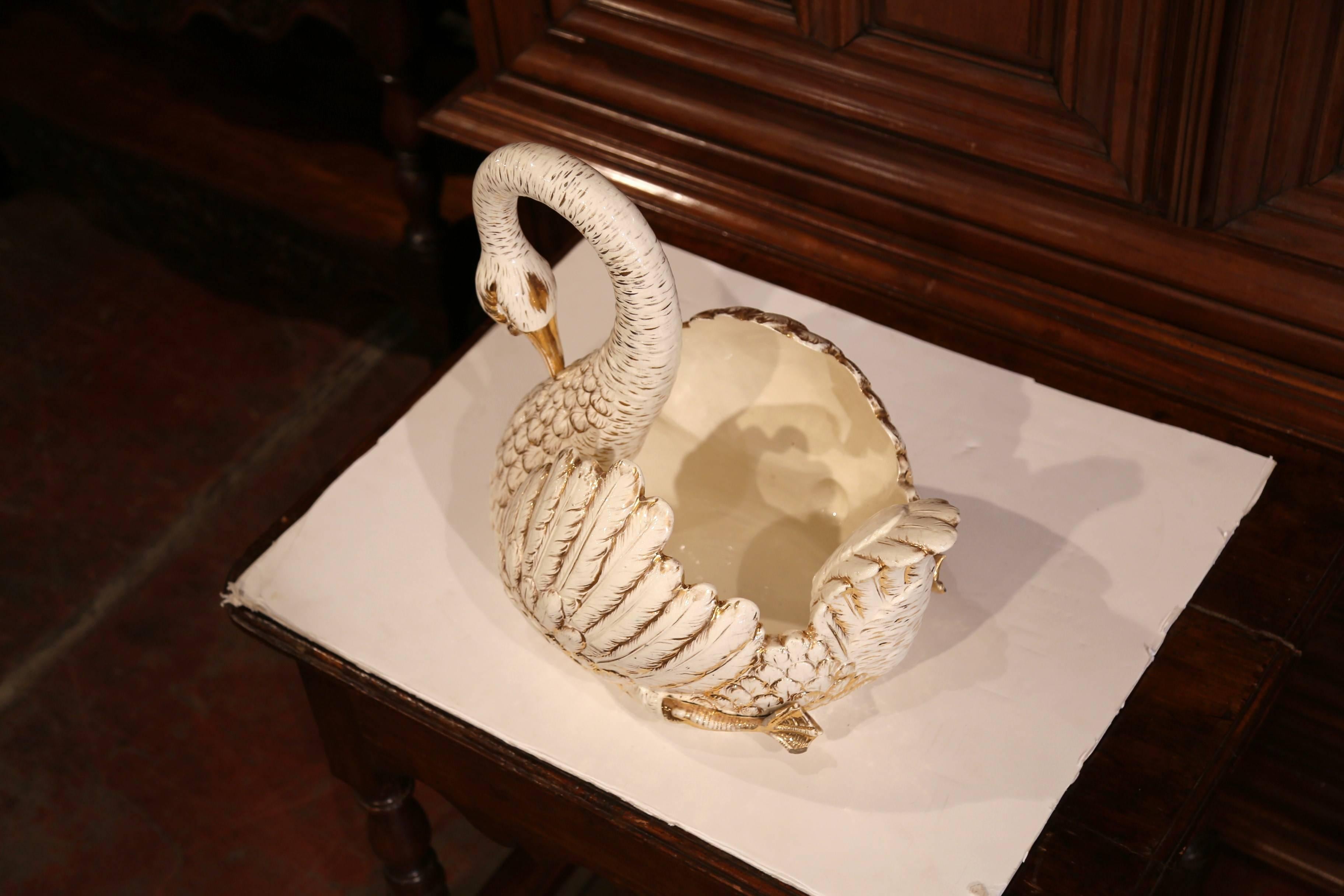 Large Mid-20th Century French White and Gilt Porcelain Swan Jardinière 4