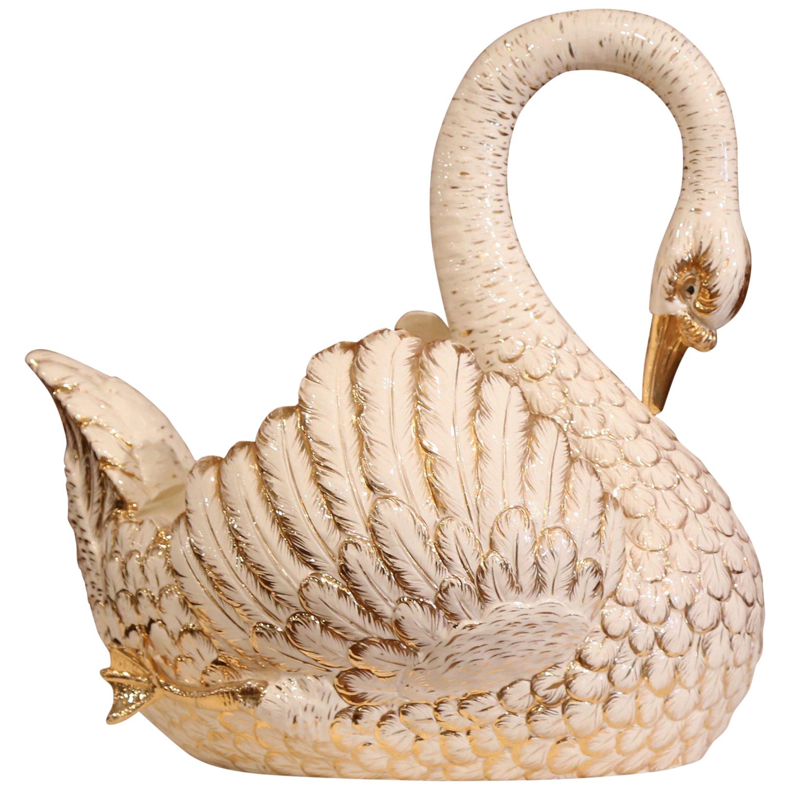 Large Mid-20th Century French White and Gilt Porcelain Swan Jardinière