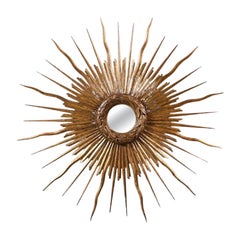 Large Mid 20th Century Giltwood Sunburst Convex Mirror