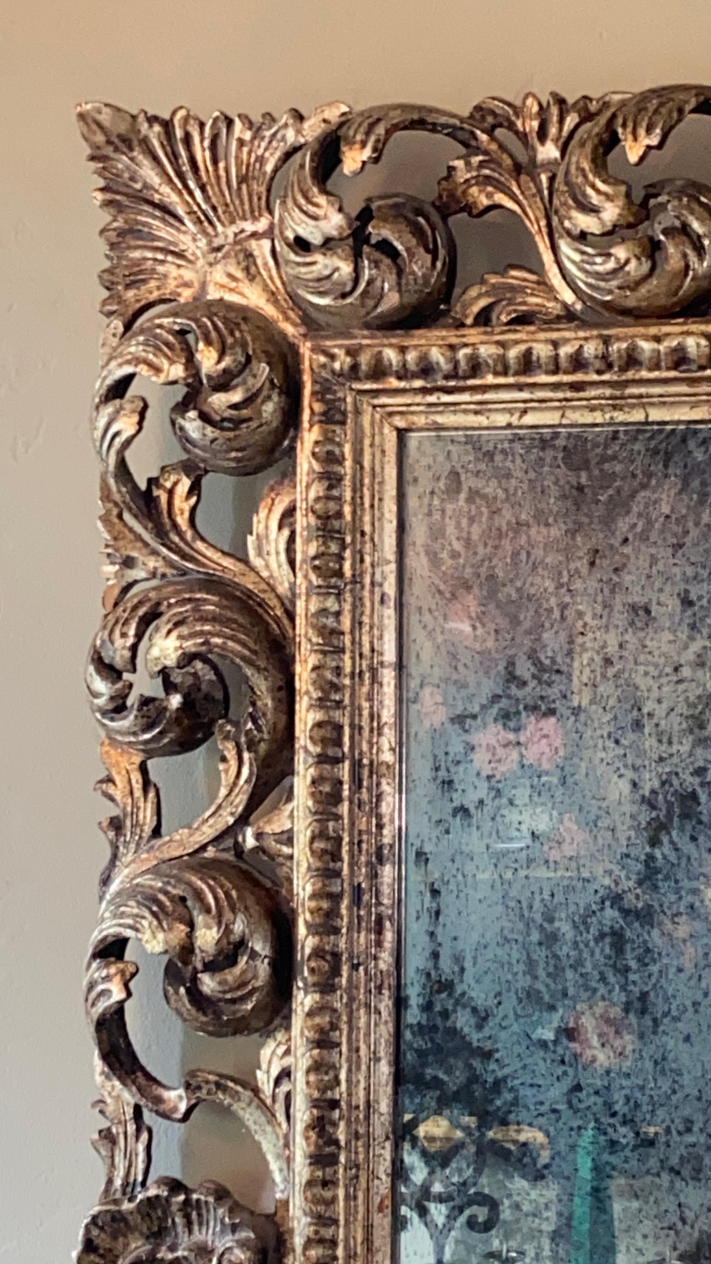 Large Mid 20th Century Italian Carved and Silvered Gilt Wood Wall Mirror In Good Condition In San Francisco, CA