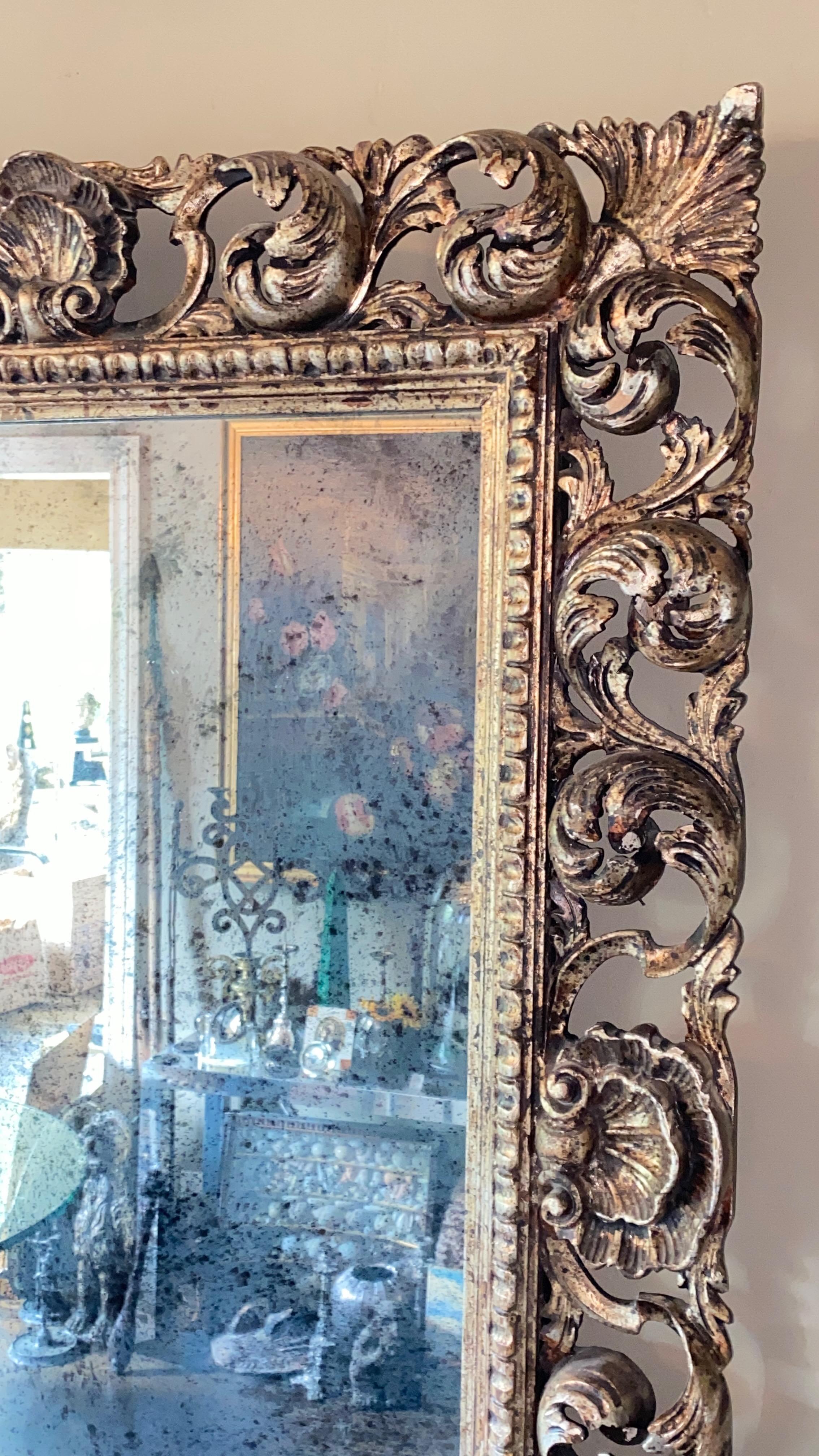 Large Mid 20th Century Italian Carved and Silvered Gilt Wood Wall Mirror 1
