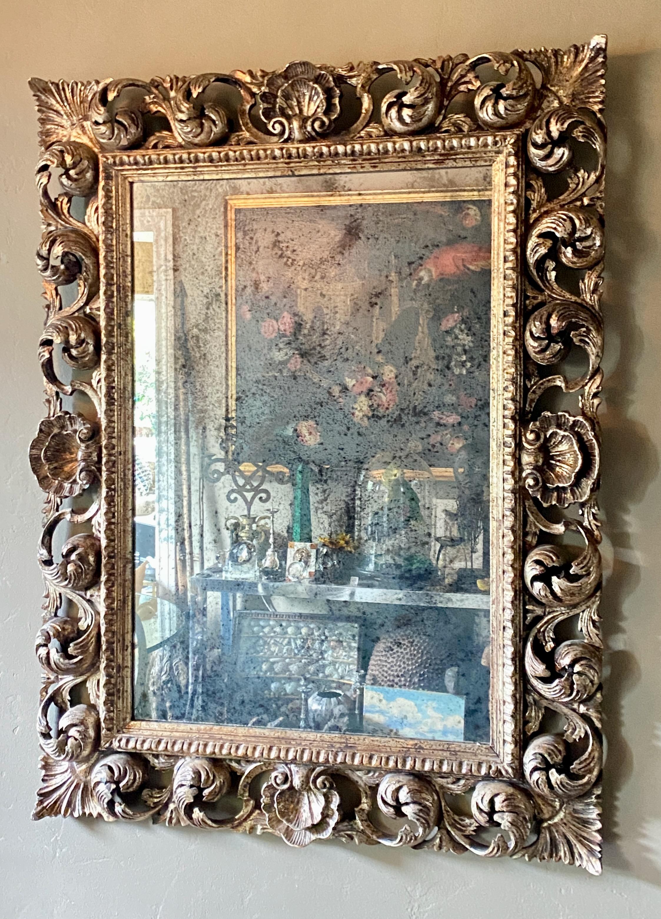 Large Mid 20th Century Italian Carved and Silvered Gilt Wood Wall Mirror 2