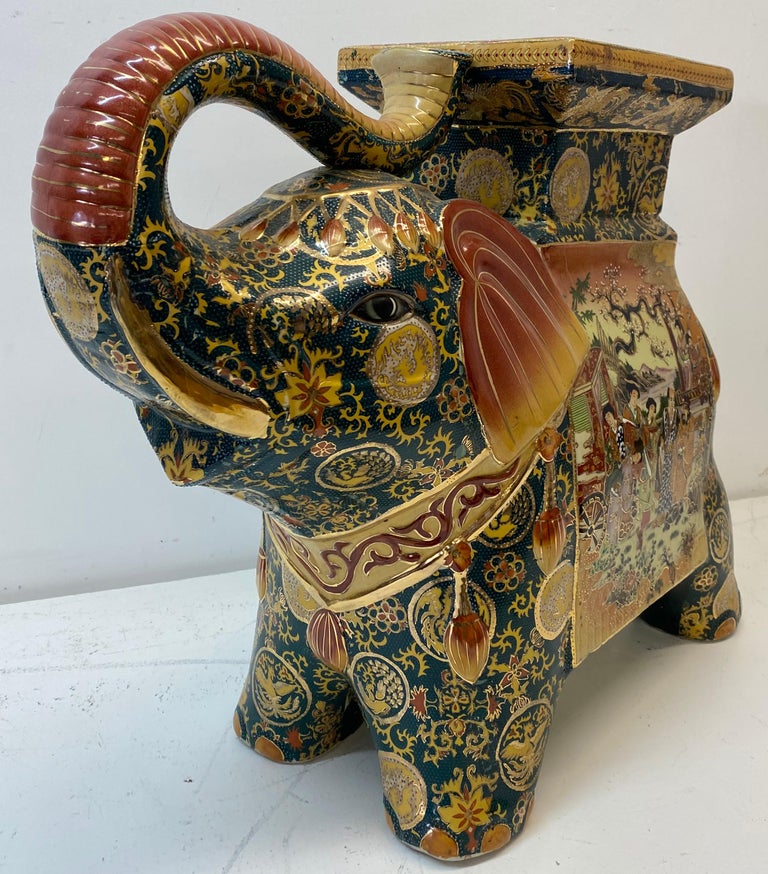 Large Mid 20th Century Japanese Porcelain Satsuma Elephant Plant Stand