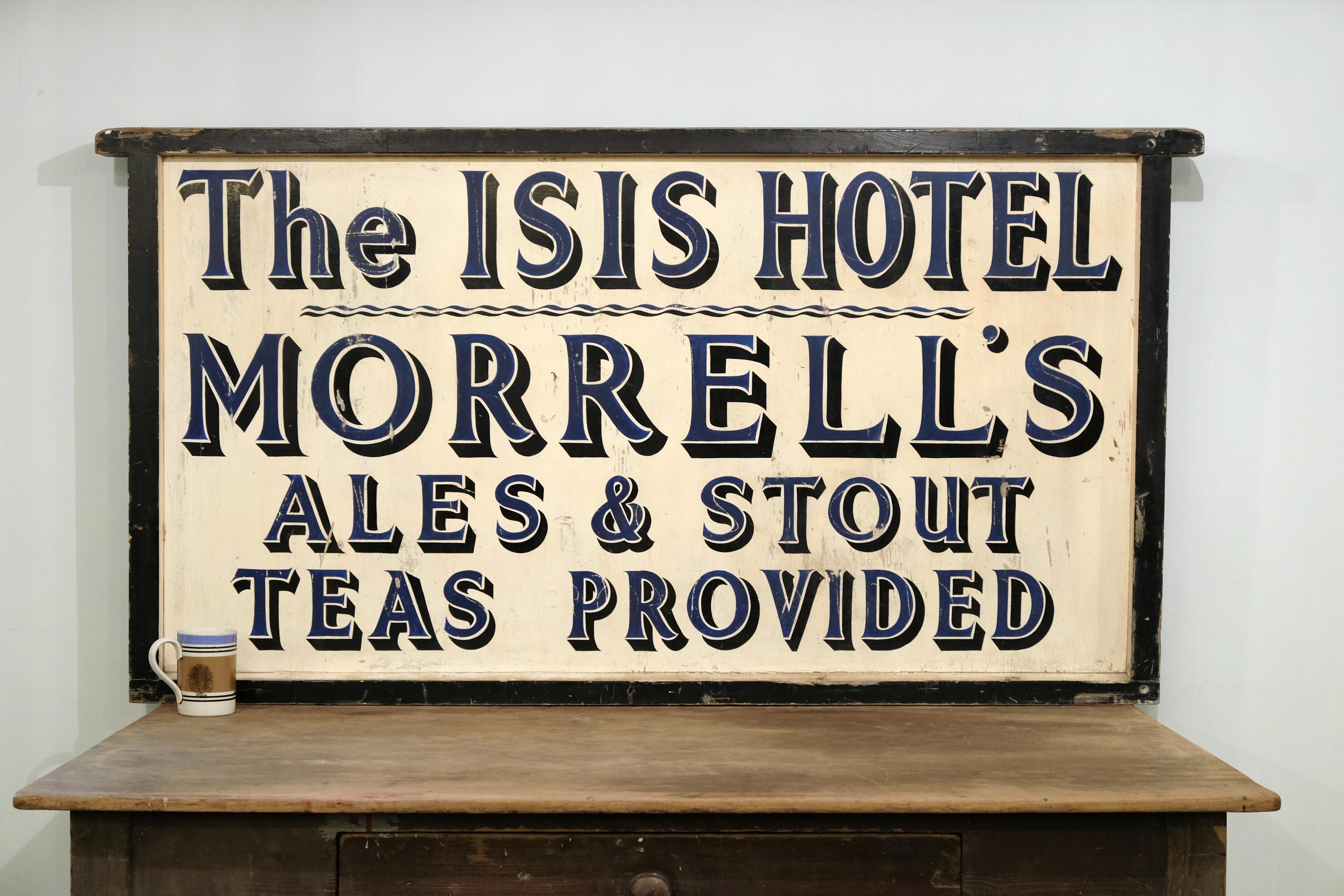 Large original hand painted sign for the interestingly named “Isis Hotel” - certainly a talking point! Sign written on thick timber with solid frame, circa 1940s.

The Isis Hotel still exists but is now called the Isis Farmhouse. It’s at Iffley