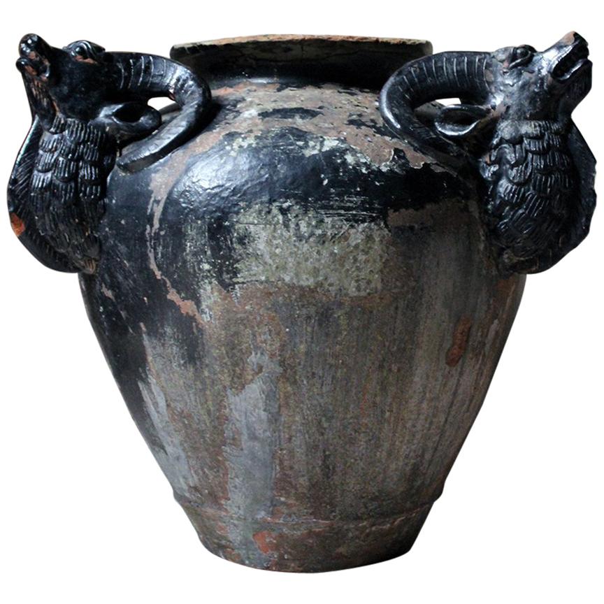Large Mid-20th Century Painted Terracotta Rams Mask Garden Urn, circa 1950
