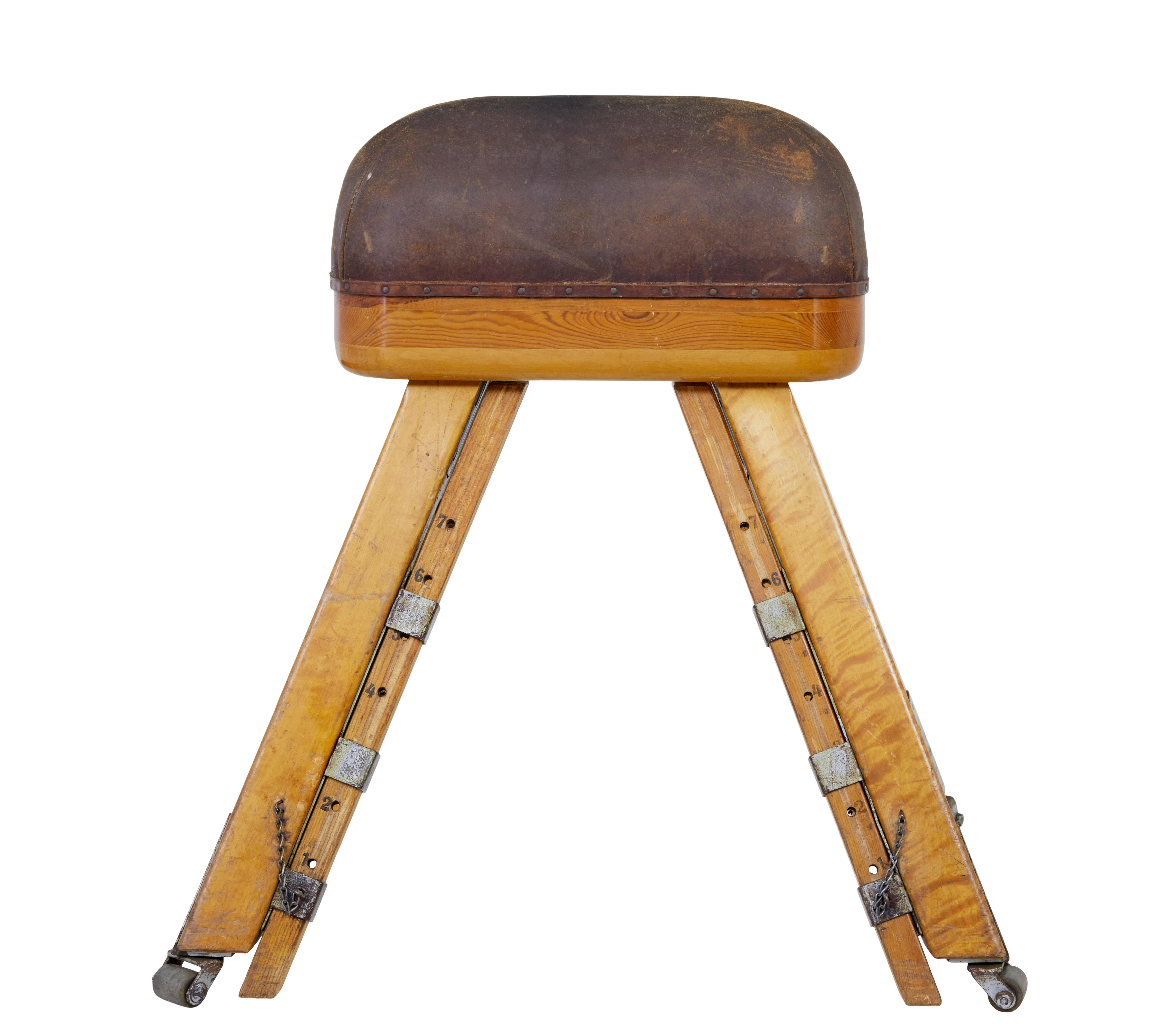 Large Mid-20th century Scandinavian pine gym horse circa 1950.

Here we offer a Swedish made gym horse made from solid pine. We believe this is a full Size gym horse which makes this a heavy item.

Shaped hide covering a solid weighted pine