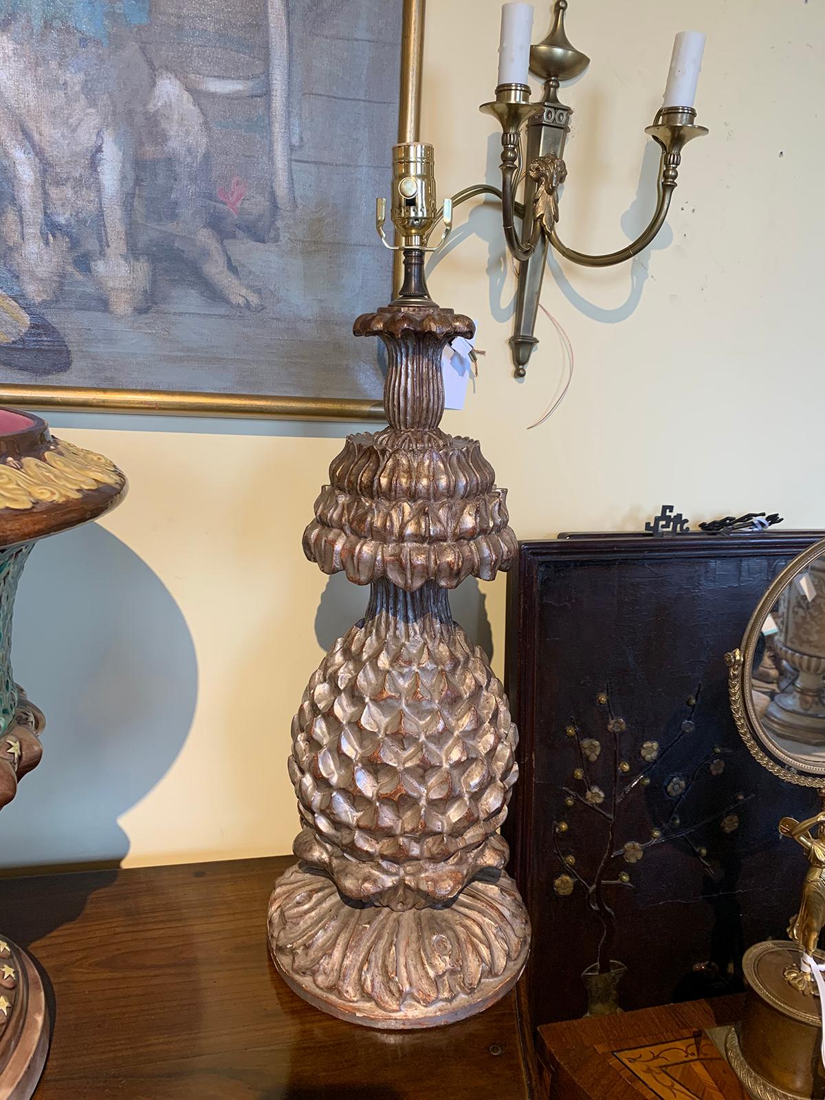 Large mid-20th century silver gilt stylized pineapple lamp.
New wiring.