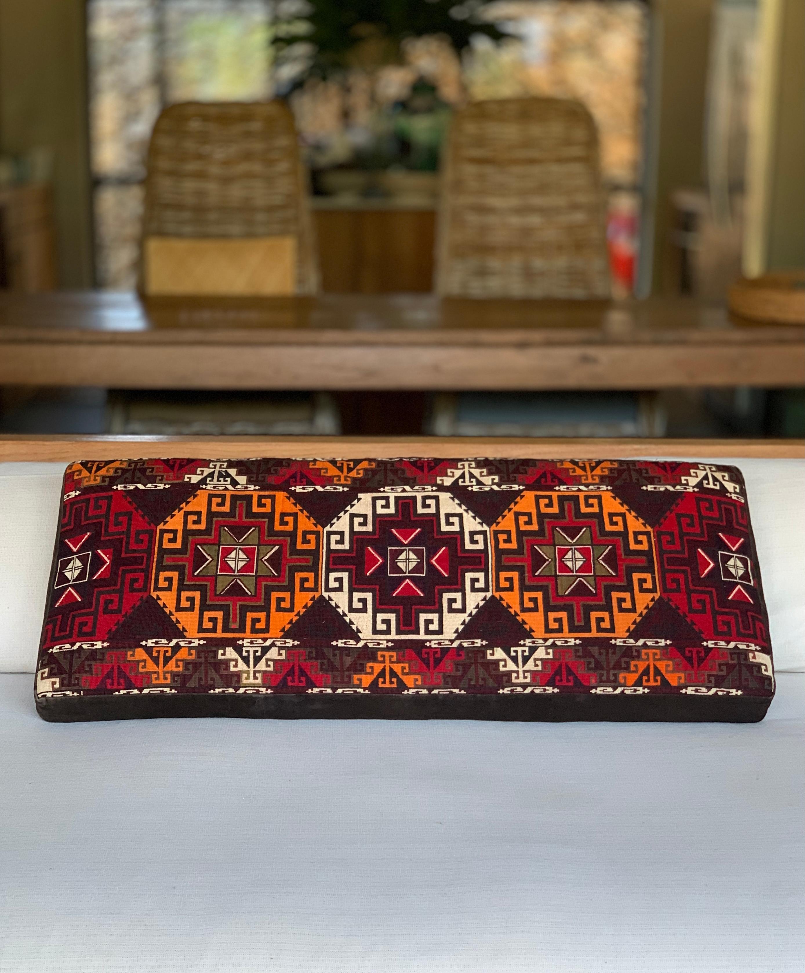 The original textile from which this pillow was crafted from is a “Suzani” from Central Asian nomadic peoples primarily from Kazakhstan, Tajikistan and Uzbekistan. Suzanis are embroidered textiles composed of mainly Cotton. They are cherished and