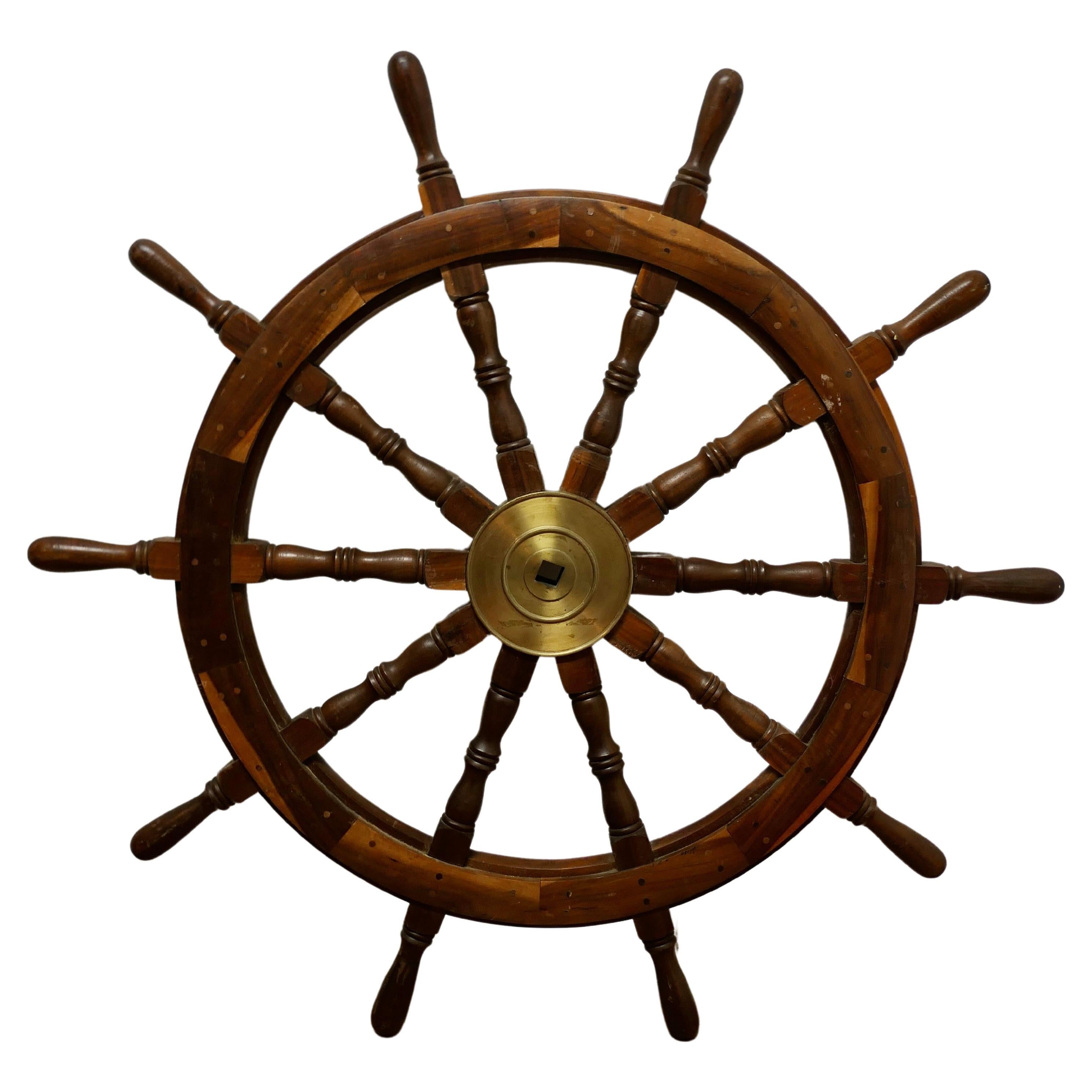 Large Mid 20th Century Teak Ships Wheel  A wonderful decorative piece 