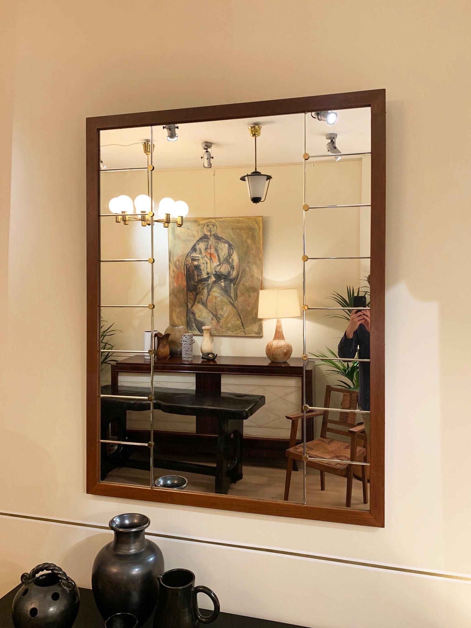 Mid-Century Modern Large Midcentury Oak and Brass Mirror by Glas & Tra