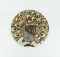 large mid century 14" ruscha WALL TILE peacock motif 1970s