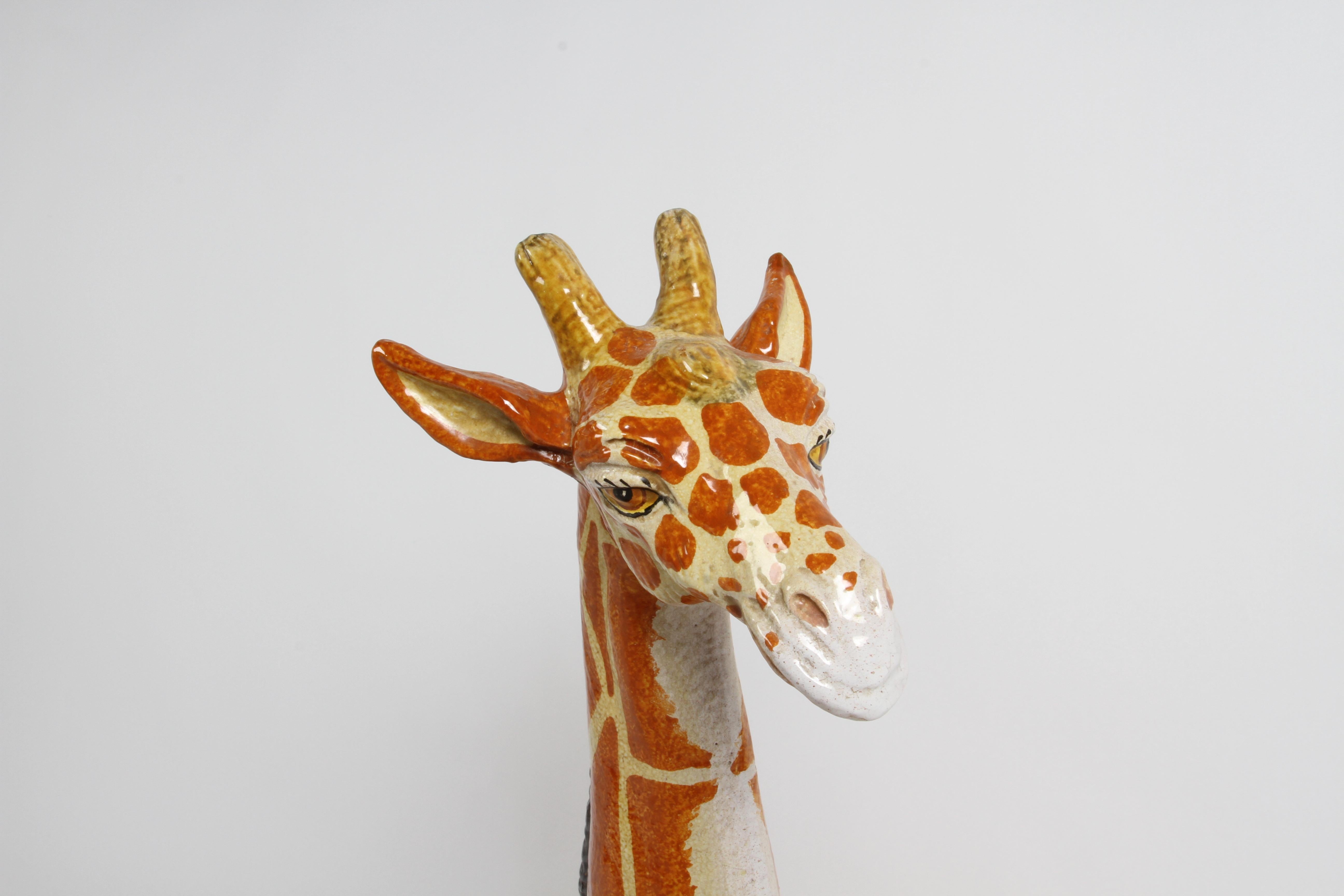 Large Mid-Century 1970s Italian Terracotta Hand Painted Whimsical Giraffe  In Good Condition For Sale In St. Louis, MO