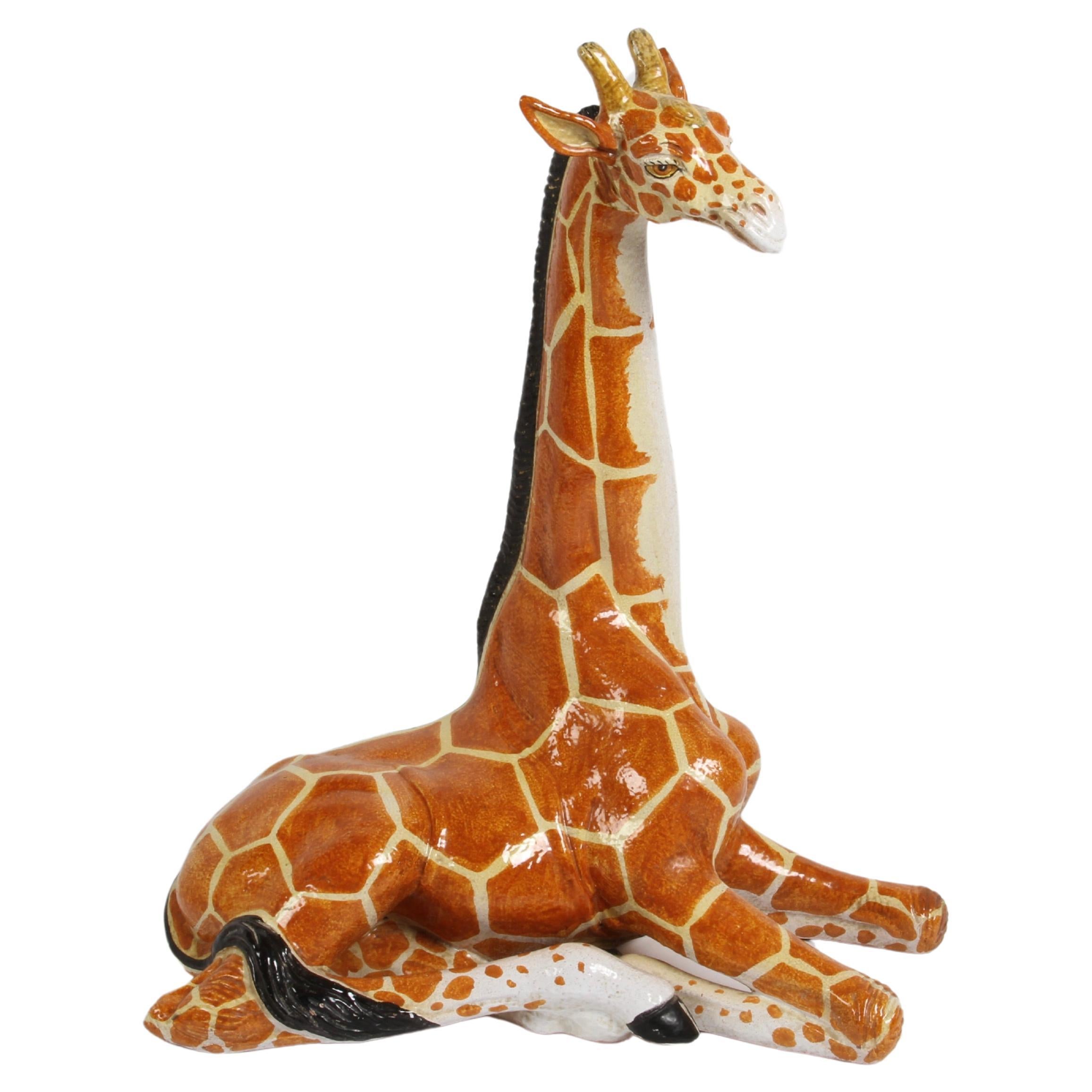 Large Mid-Century 1970s Italian Terracotta Hand Painted Whimsical Giraffe  For Sale