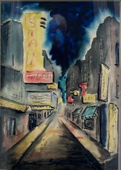 Large Mid-Century Abstract Impressionist Cityscape Watercolor.