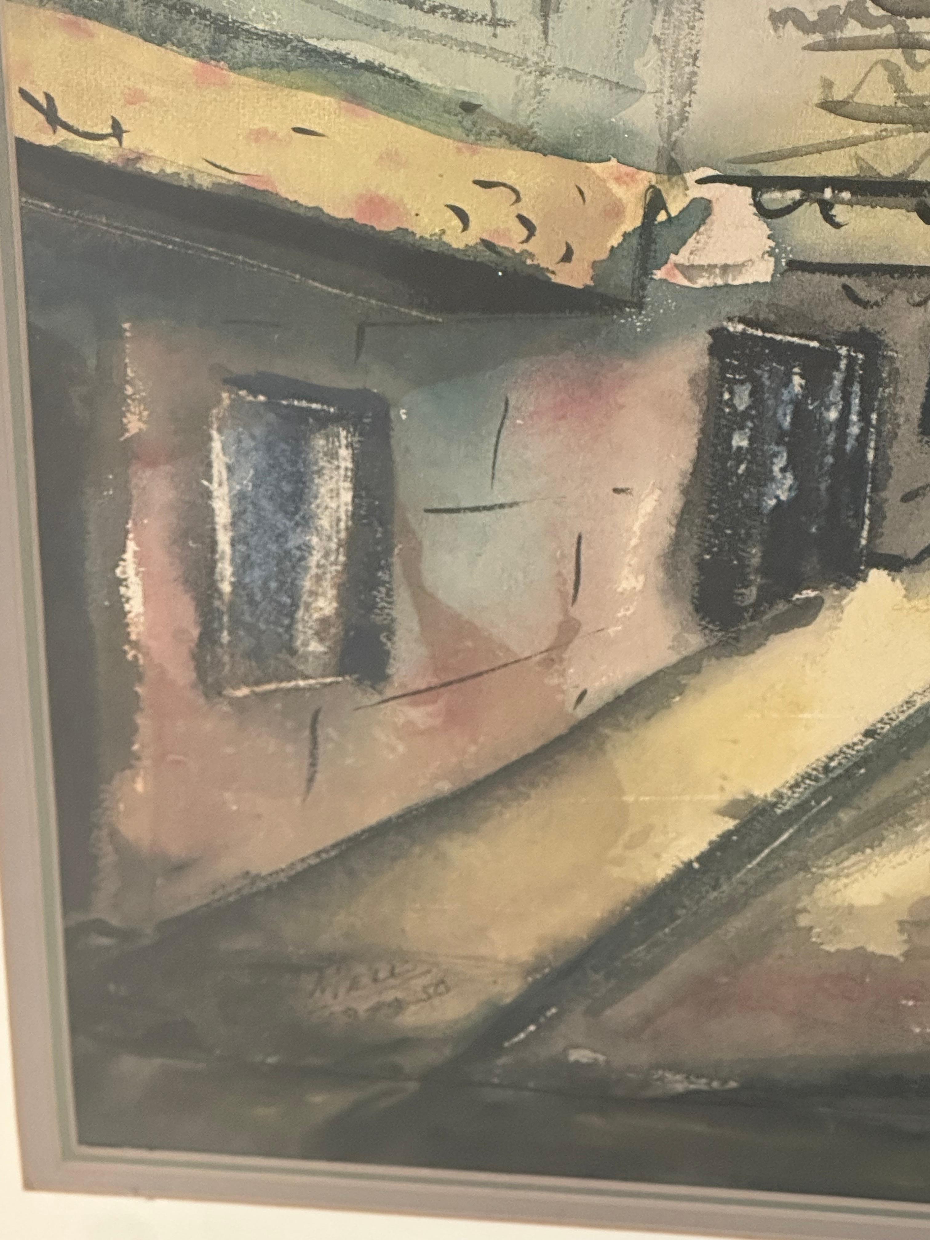 American Large Mid-Century Abstract Impressionist Cityscape Watercolor. For Sale