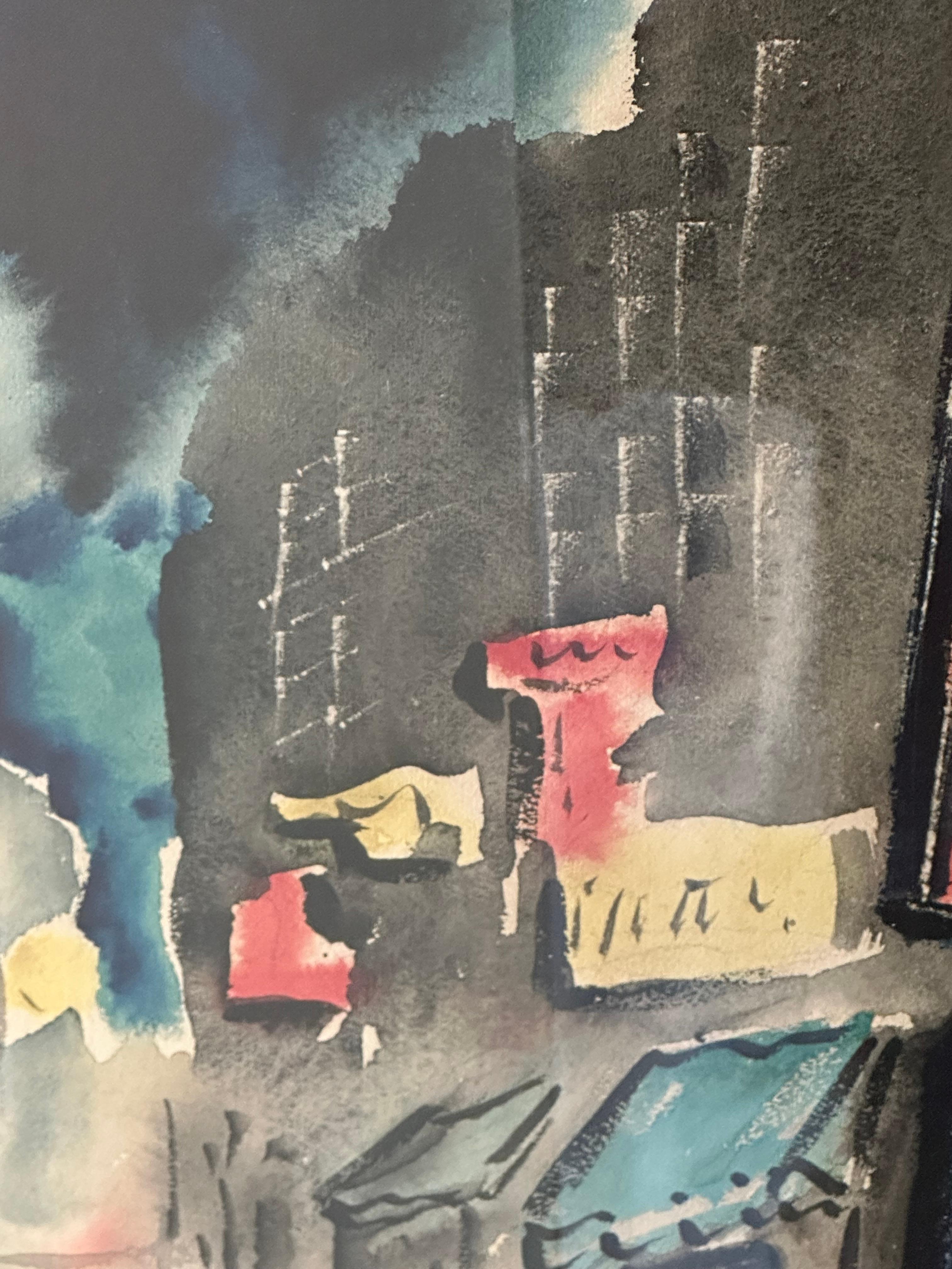 Hand-Painted Large Mid-Century Abstract Impressionist Cityscape Watercolor. For Sale