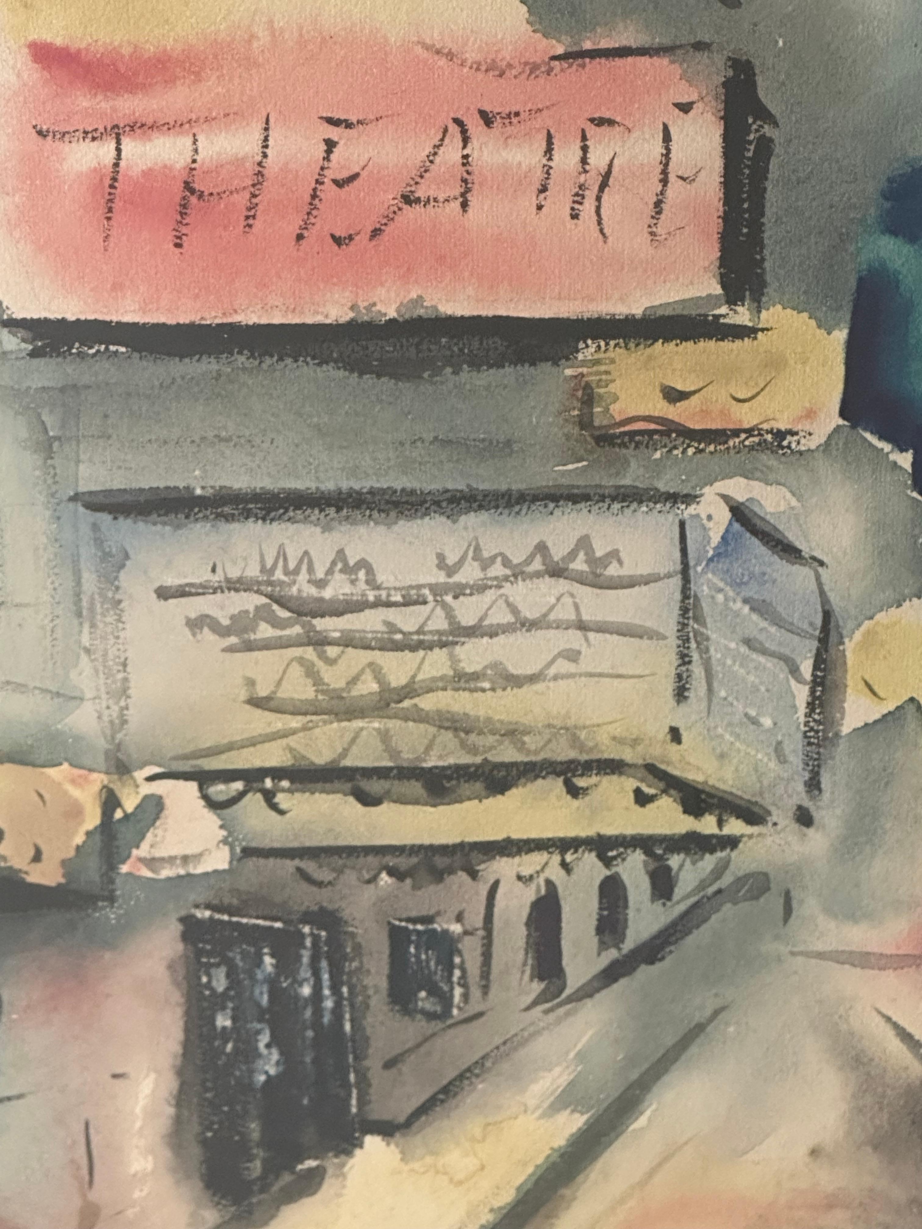 Glass Large Mid-Century Abstract Impressionist Cityscape Watercolor. For Sale