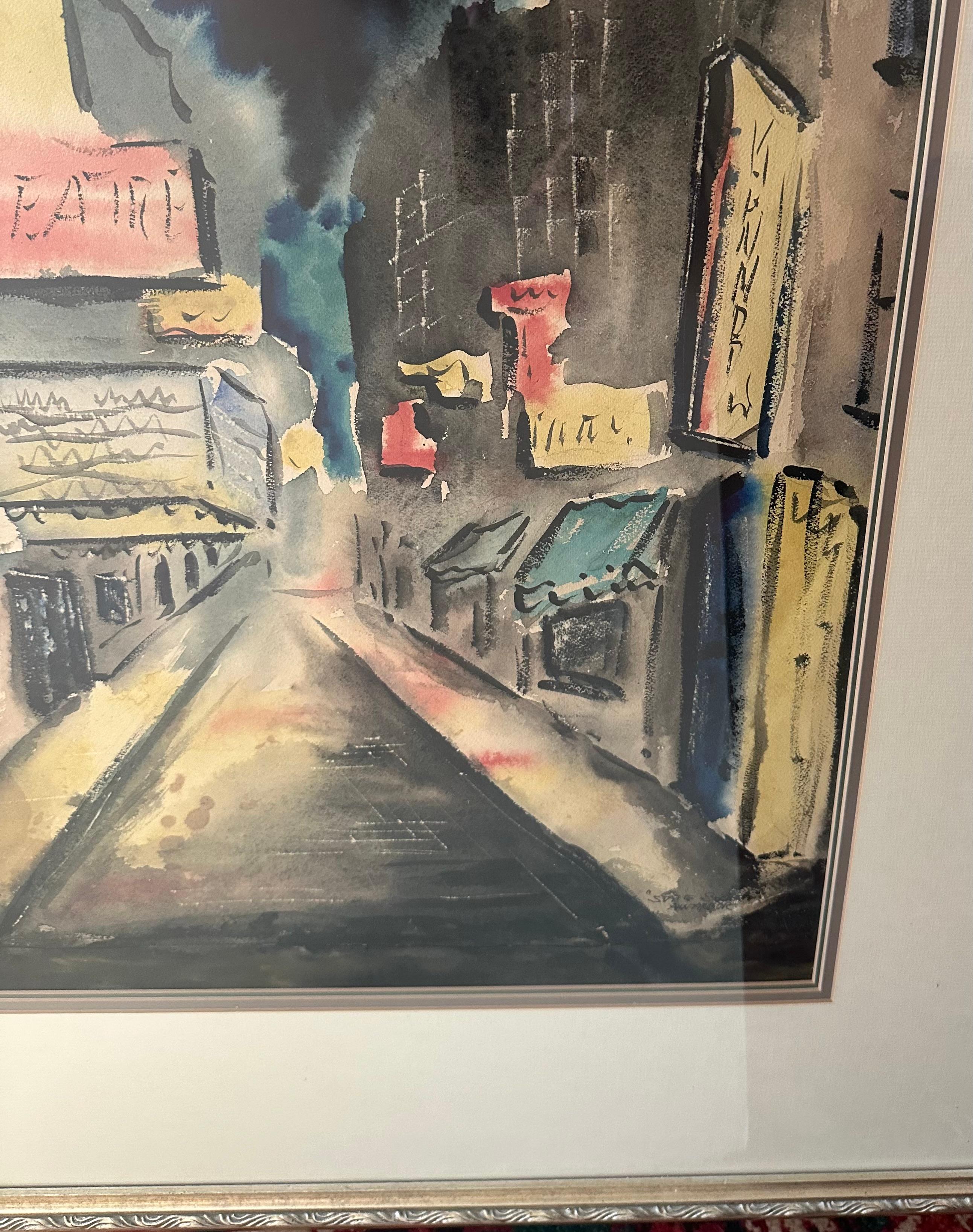 Large Mid-Century Abstract Impressionist Cityscape Watercolor. For Sale 1