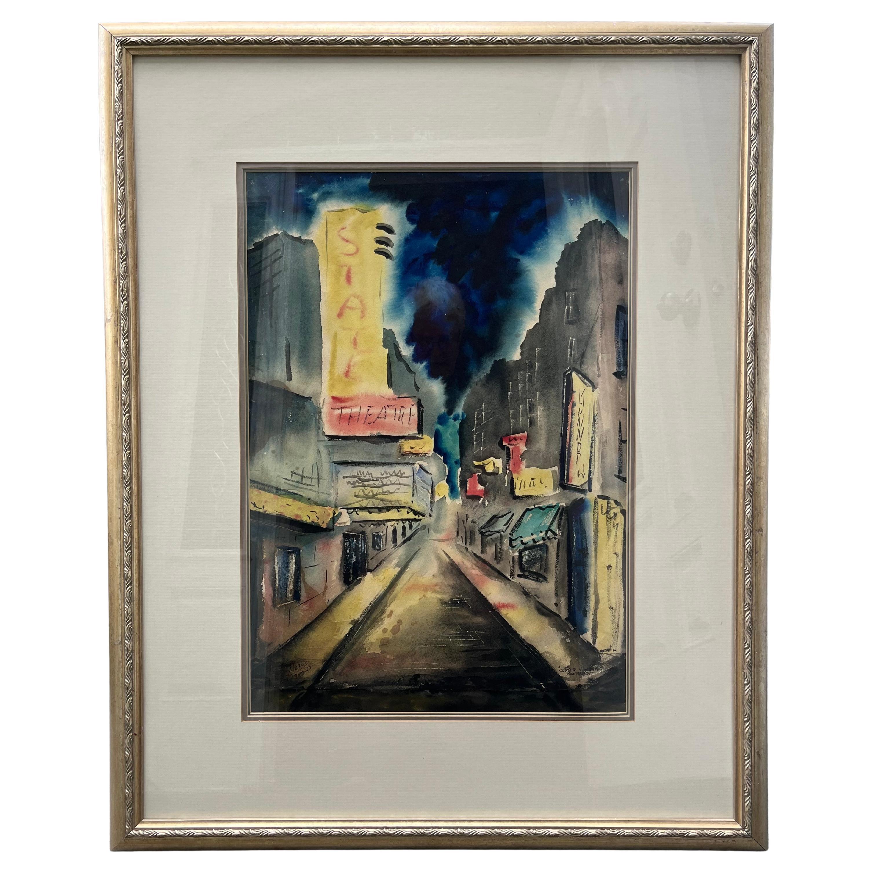 Grande aquarelle impressionniste abstraite du milieu du siècle représentant un paysage urbain.