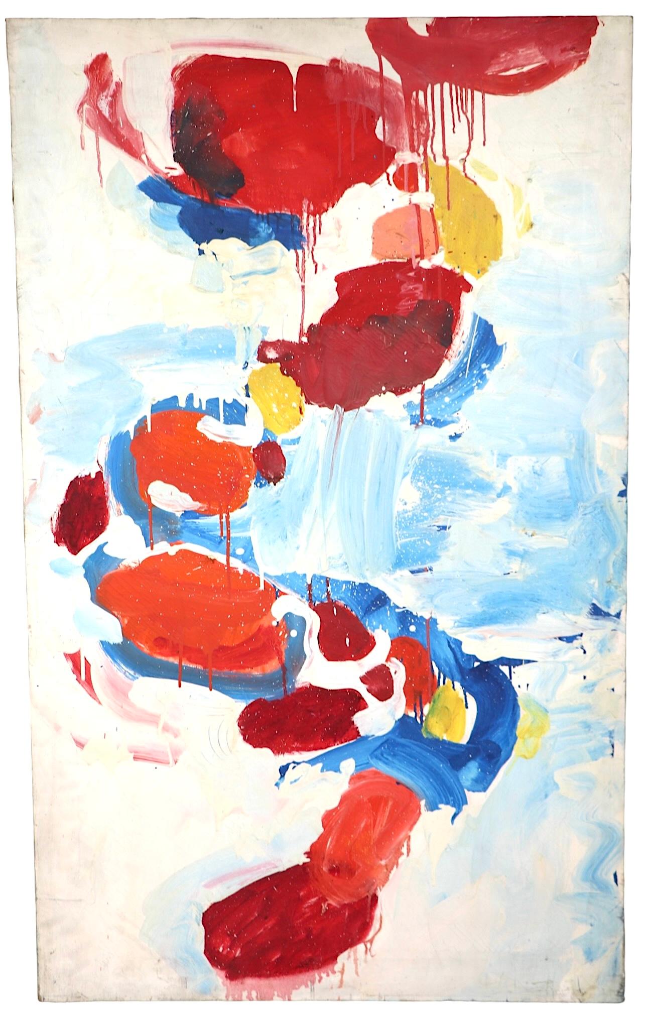 Intriguing abstract painting by noted NYC artist Jules Ganowitter. The painting features bold  colors ( red, orange,  blue, yellow ) which snake up the canvas in an organic vertical form, on a white and  light blue background. This example is one of