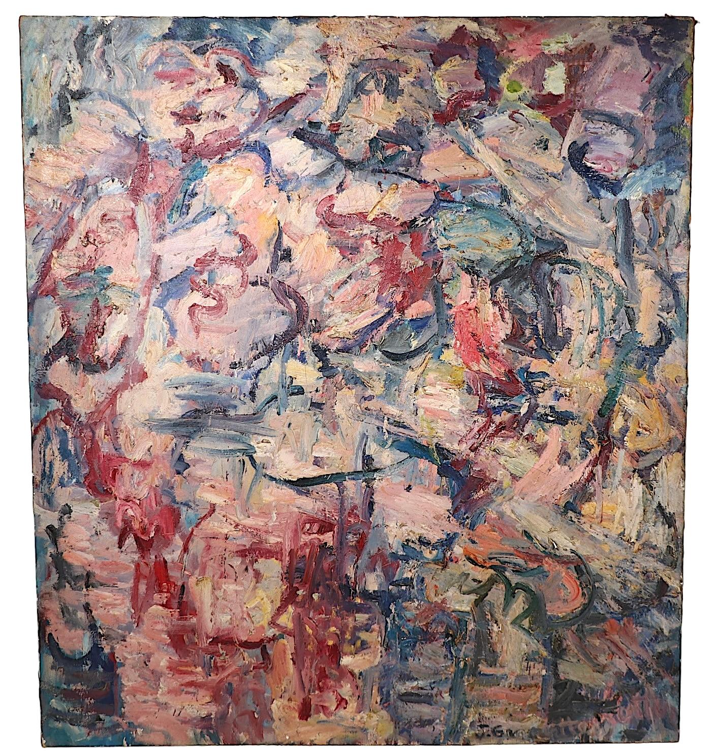 Exceptional large modern art acrylic painting by listed artist Jules Granowitter, circa 1950/1960. This impressive canvas features an allover abstract festival of color and exuberant brush stroke work. Hard to find large pieces from the MCM period,
