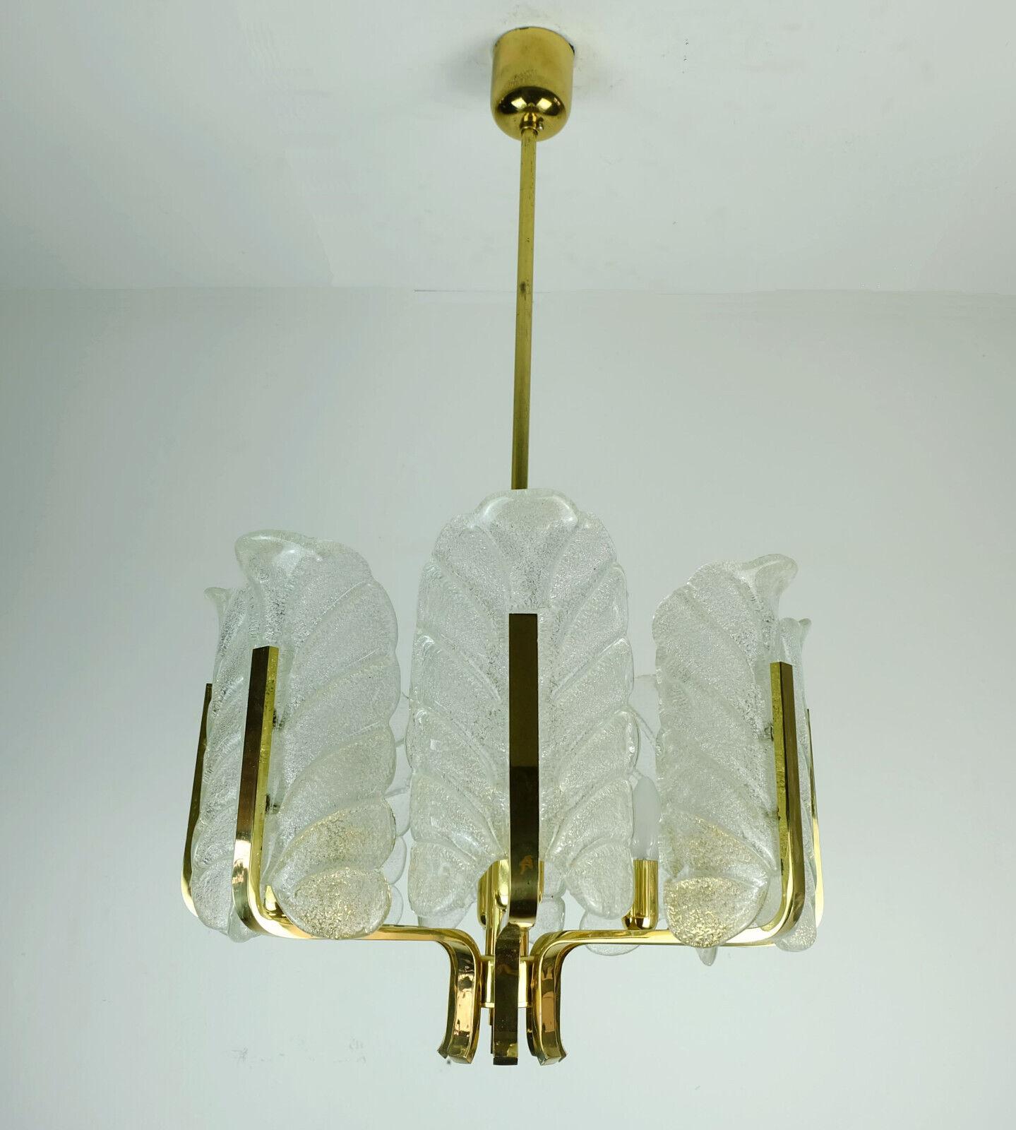 Large Mid-Century Acanthus Chandelier Brass 8 Glass Leaves, 1970s For Sale 4