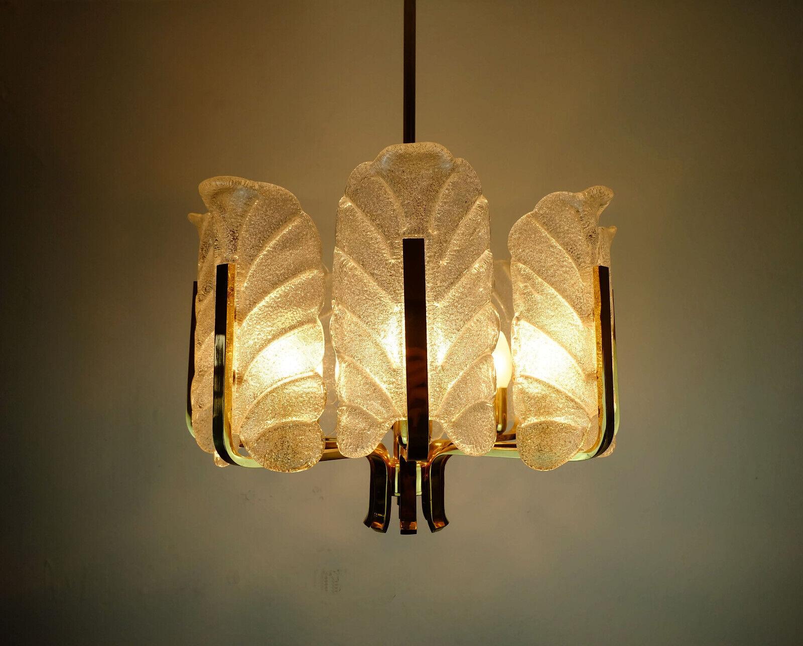 German Large Mid-Century Acanthus Chandelier Brass 8 Glass Leaves, 1970s For Sale