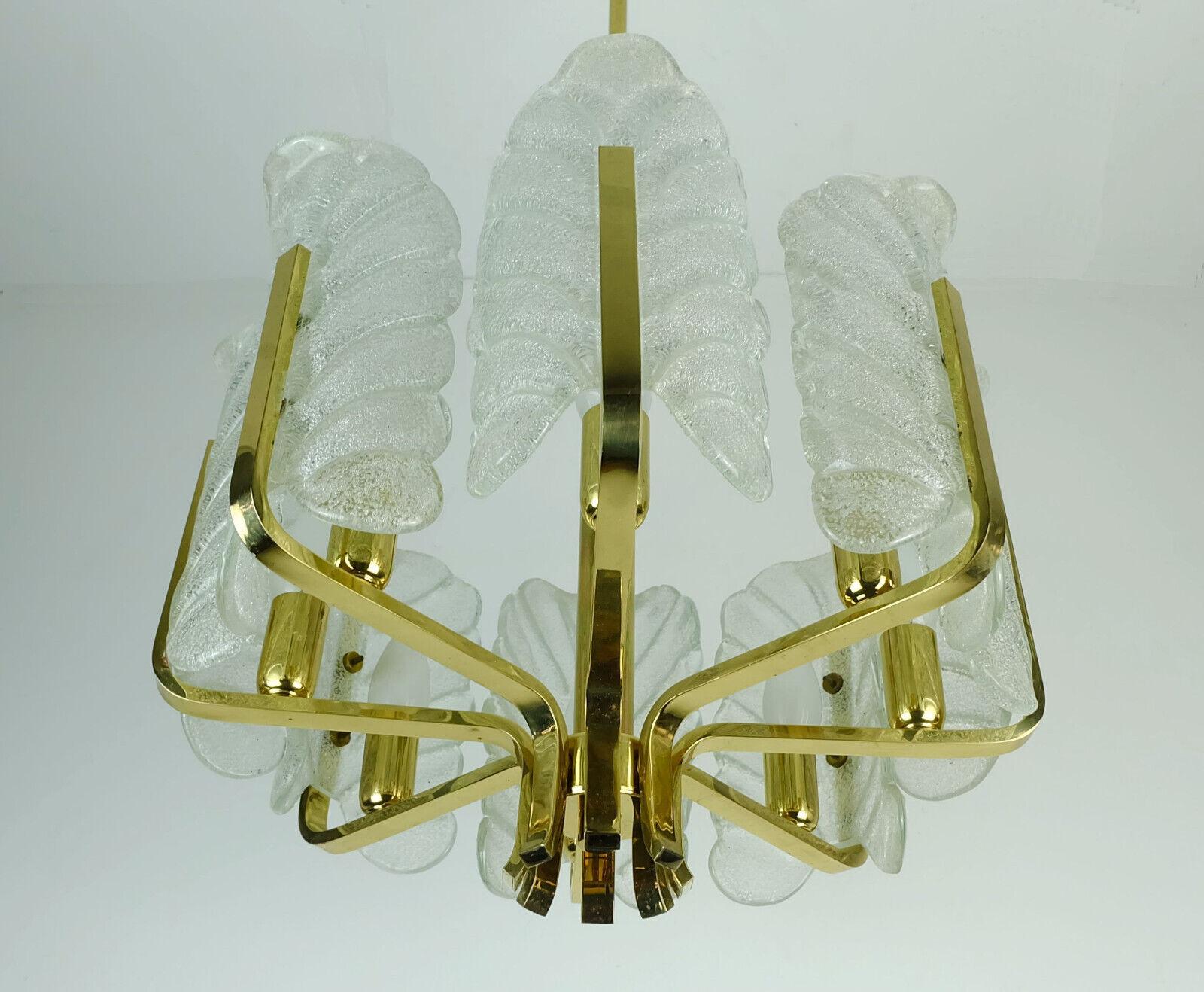 Large Mid-Century Acanthus Chandelier Brass 8 Glass Leaves, 1970s For Sale 2