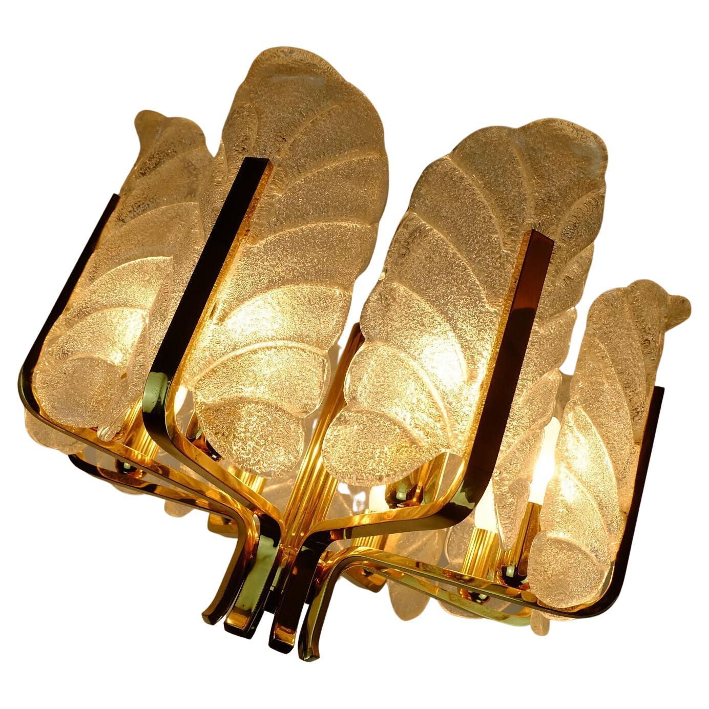 Large Mid-Century Acanthus Chandelier Brass 8 Glass Leaves, 1970s