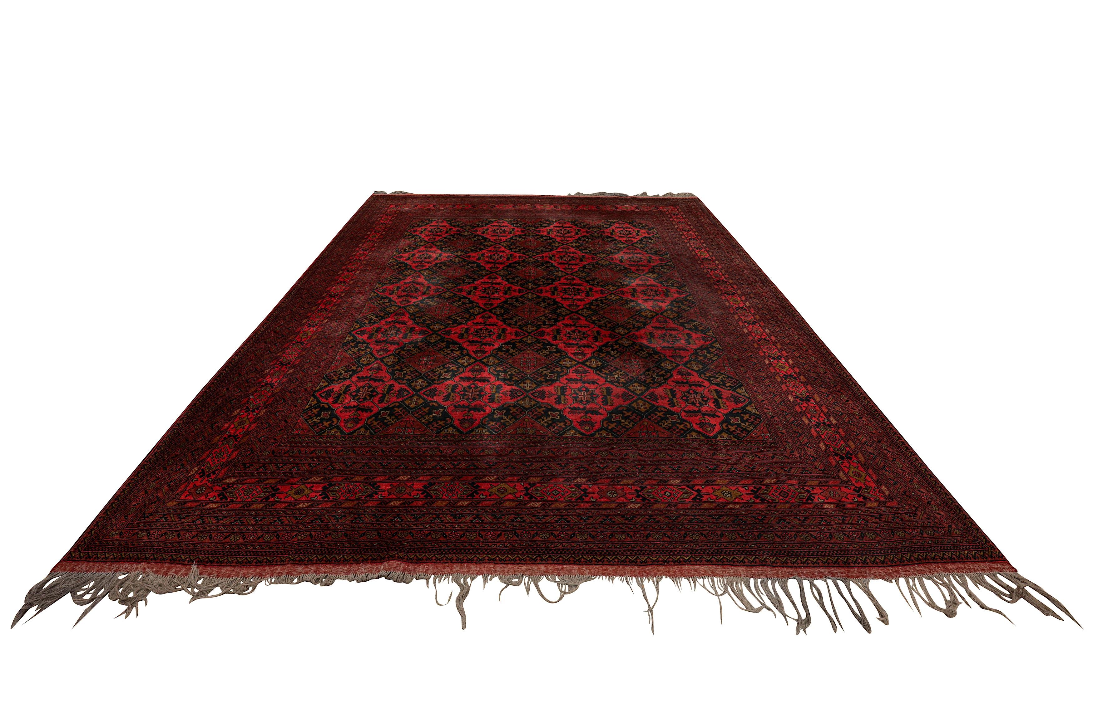 Mid century hand knotted Afghan Khan wool carpet 13ft x 10ft

An Afghan Turkmen carpet
C.1940
Measures: Approx: 386cm. x 306cm. 

This 13 x 10 ft rug is referred to as an oversized or 