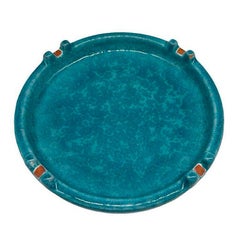 Cenicero grande de cerámica esmaltada turquesa estilo Aldo Londi de mediados de siglo