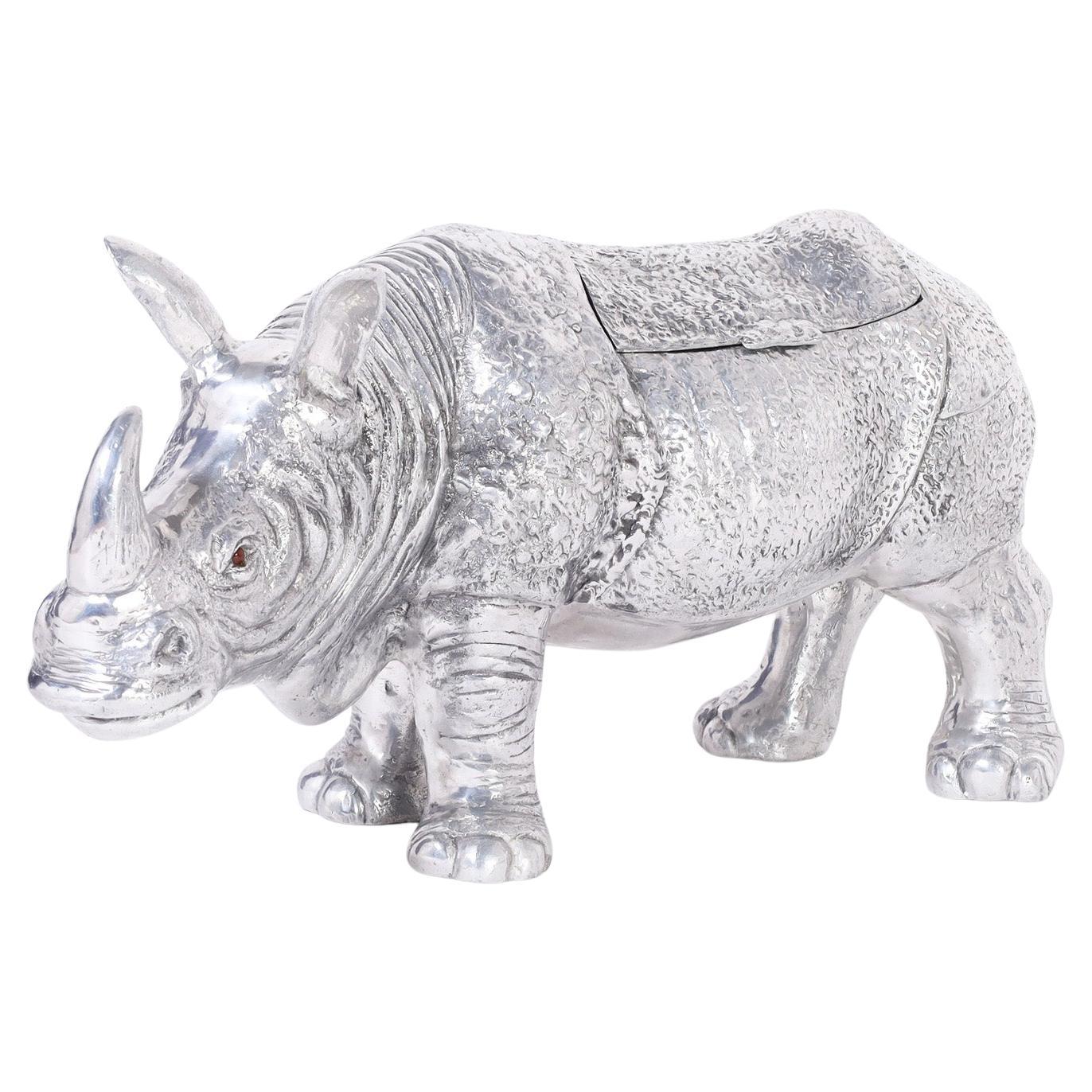 Large Mid-Century Aluminum Lidded Rhinoceros Sculpture