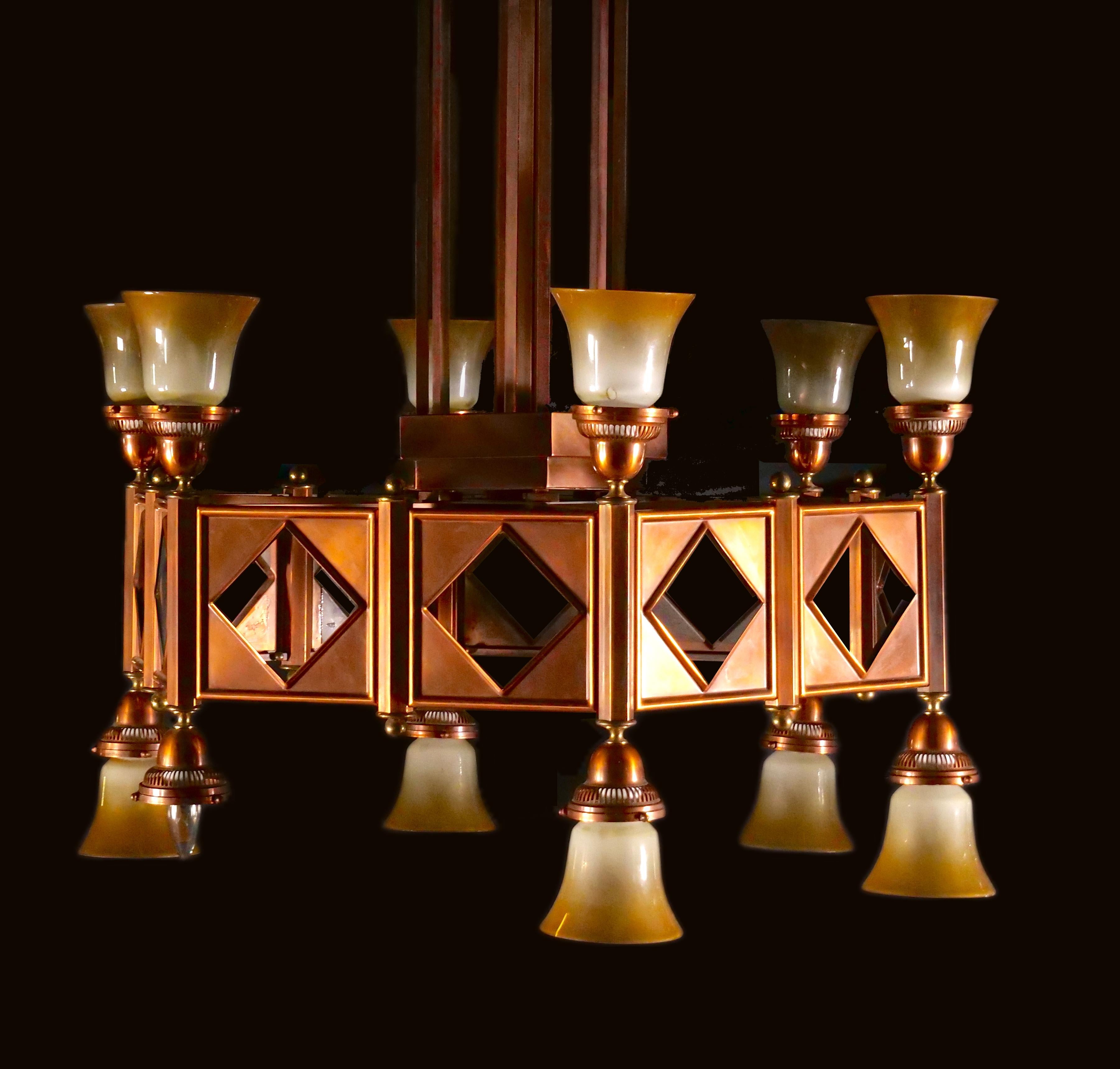 Large Mid-Century Art Deco Style Copper & Brass 12-Light Chandelier For Sale 5