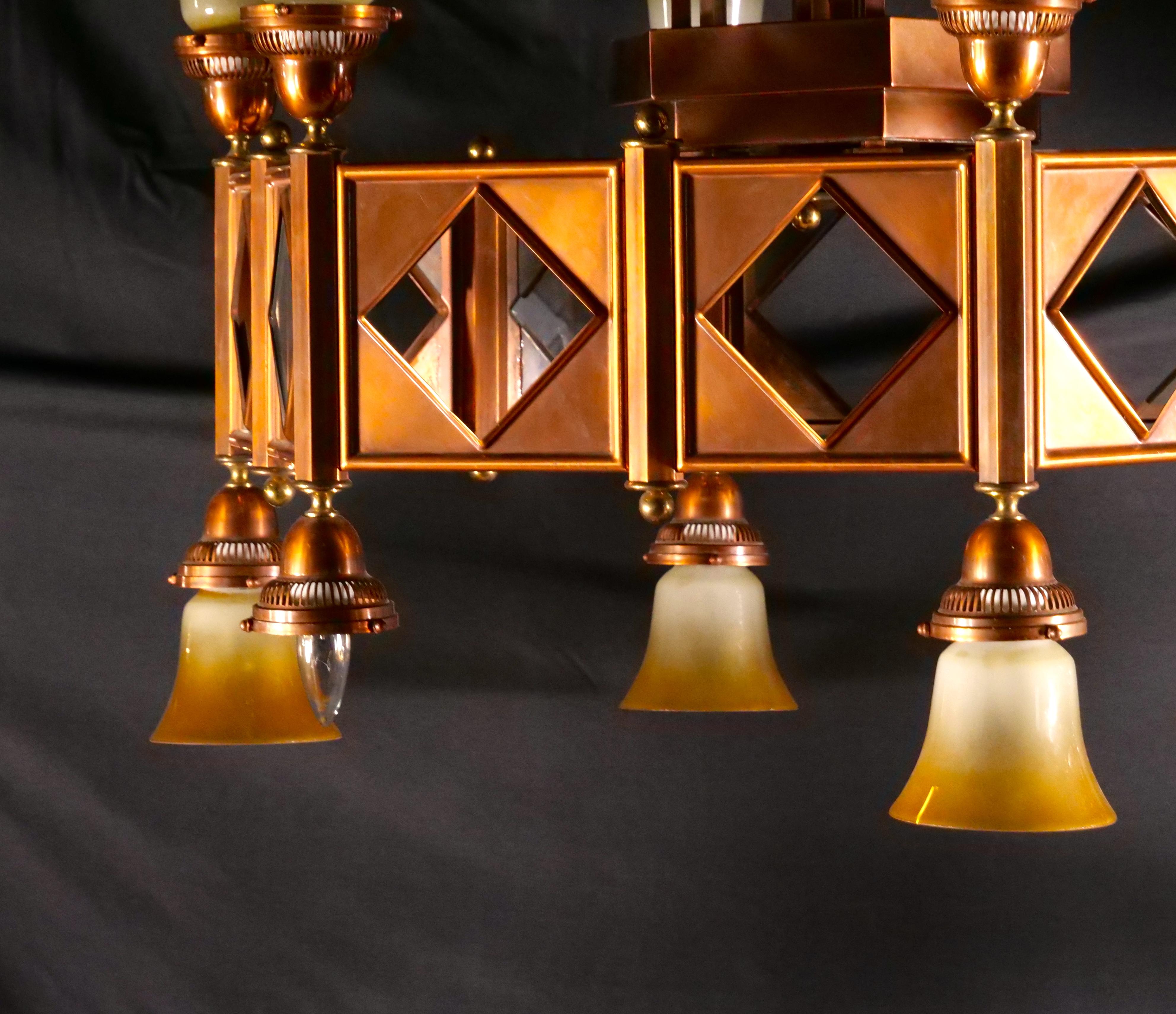 Large Mid-Century Art Deco Style Copper & Brass 12-Light Chandelier In Good Condition For Sale In Tarry Town, NY