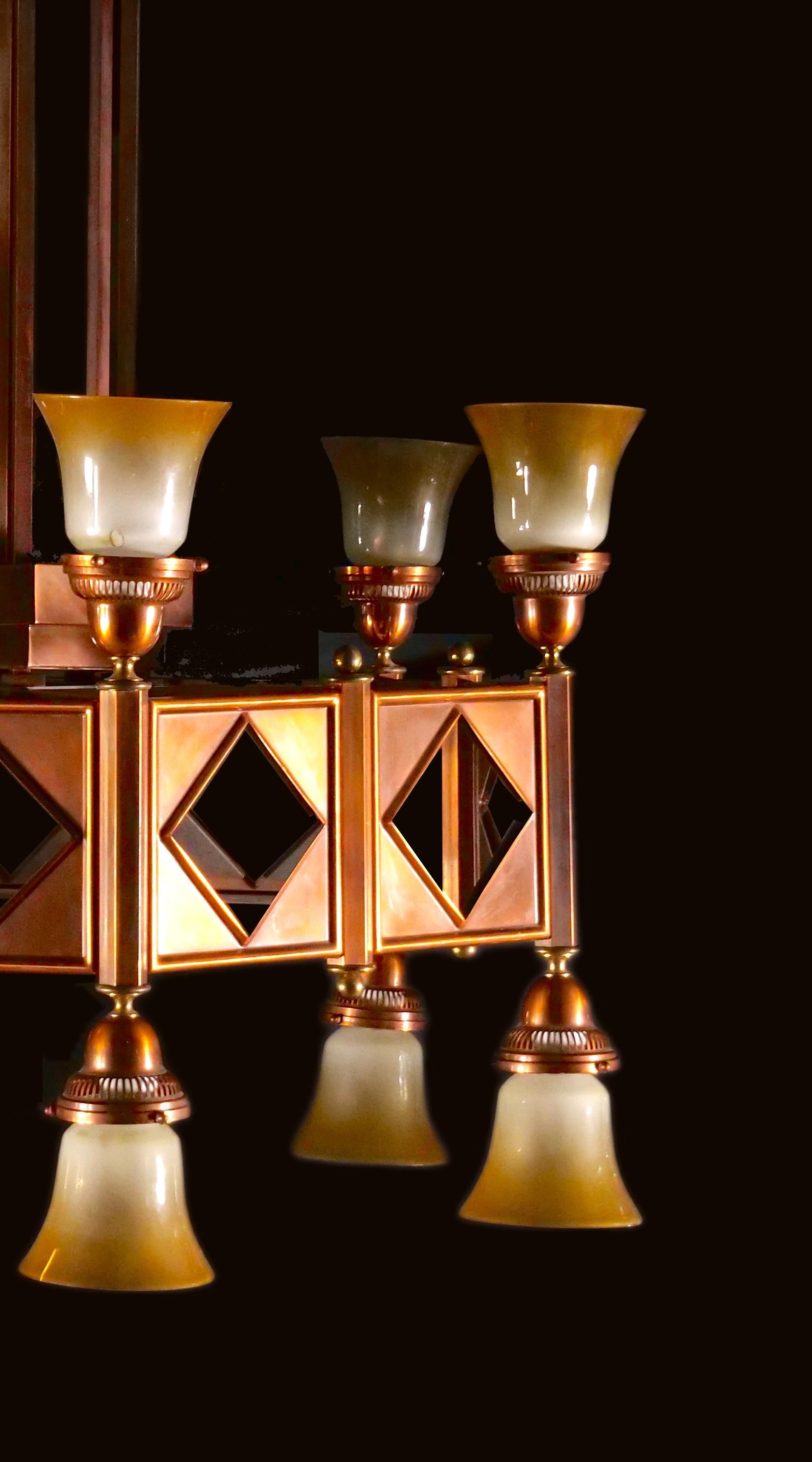 Large Mid-Century Art Deco Style Copper & Brass 12-Light Chandelier For Sale 1