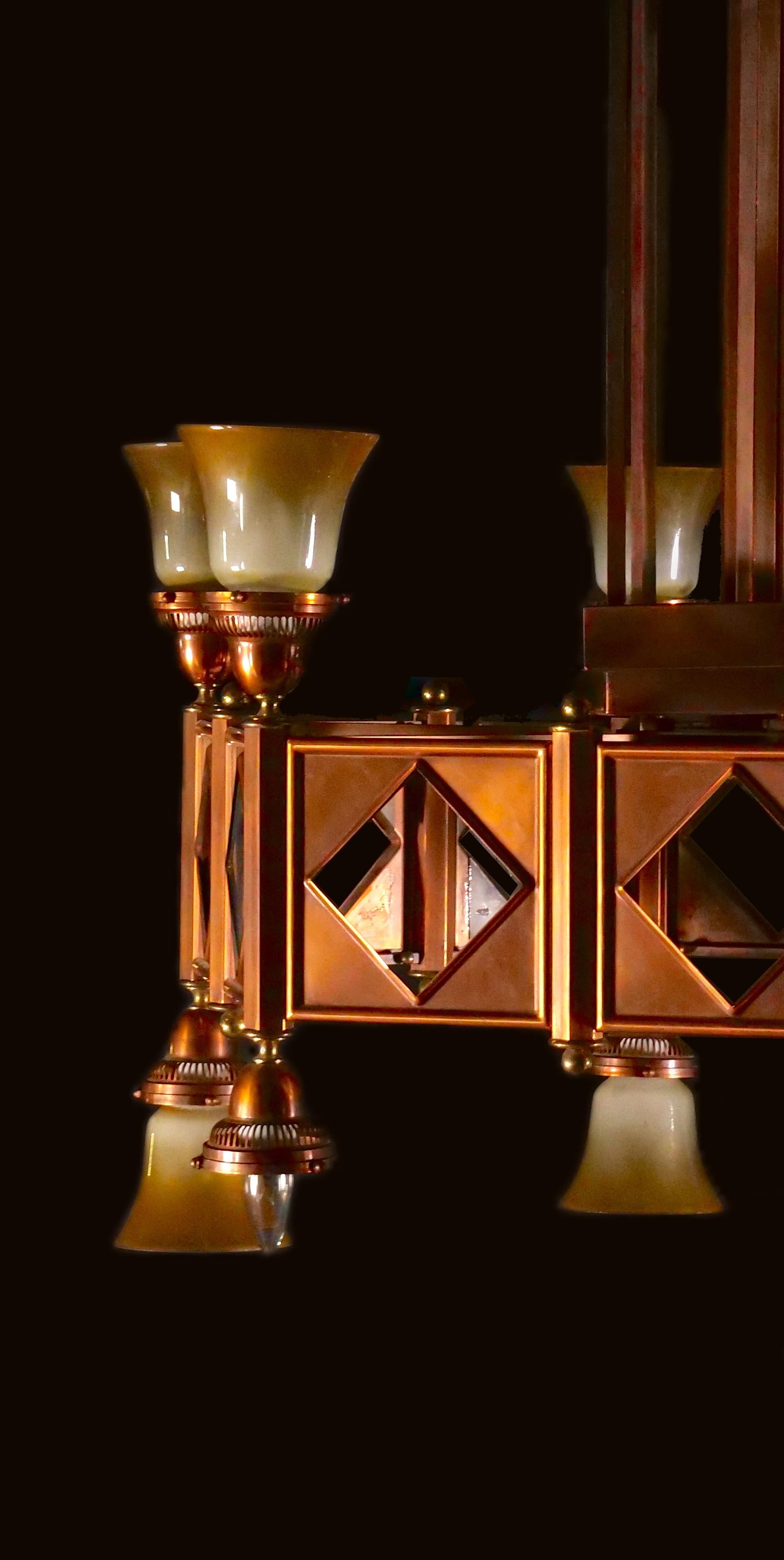 Large Mid-Century Art Deco Style Copper & Brass 12-Light Chandelier For Sale 2