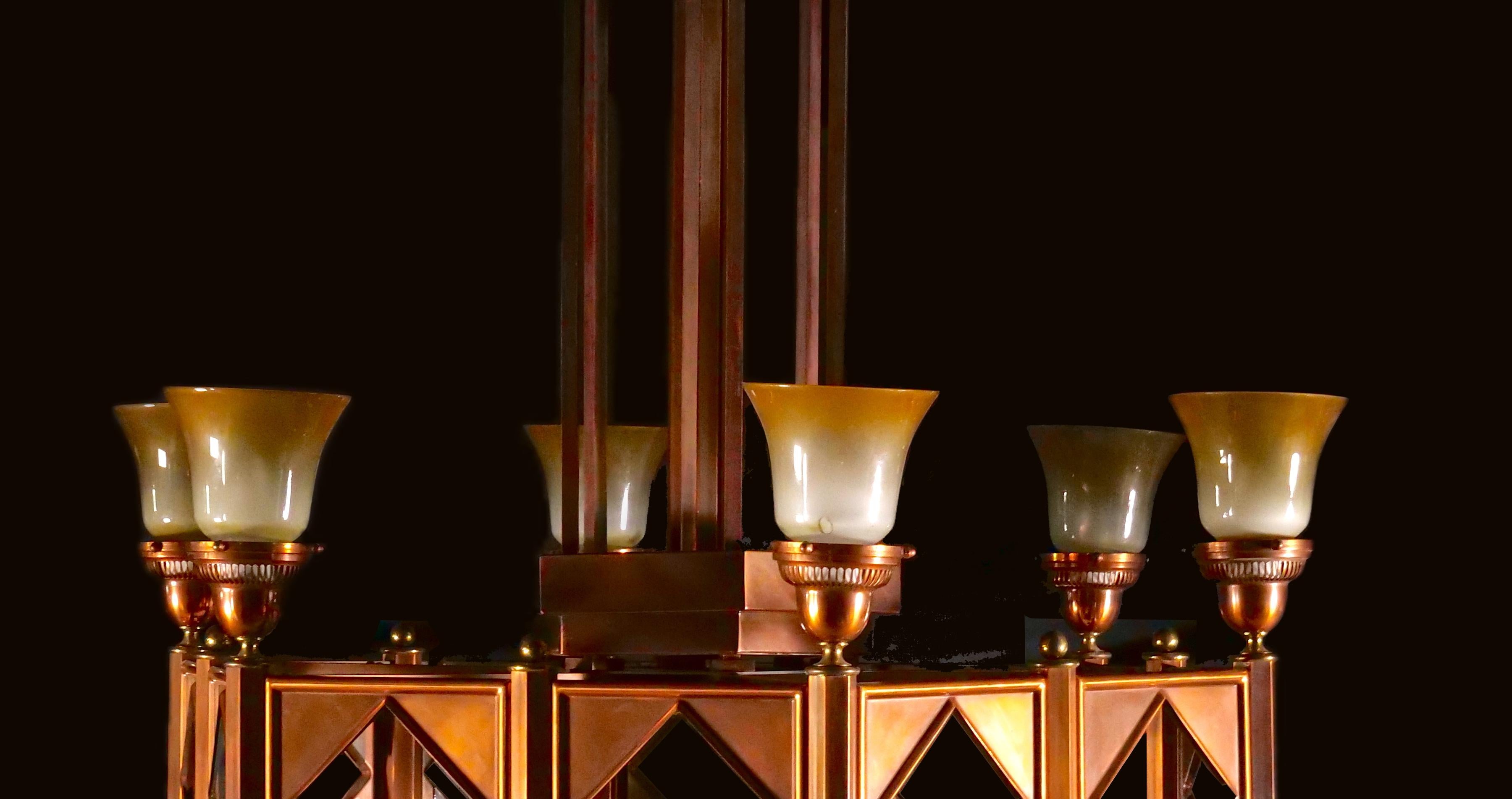Large Mid-Century Art Deco Style Copper & Brass 12-Light Chandelier For Sale 3