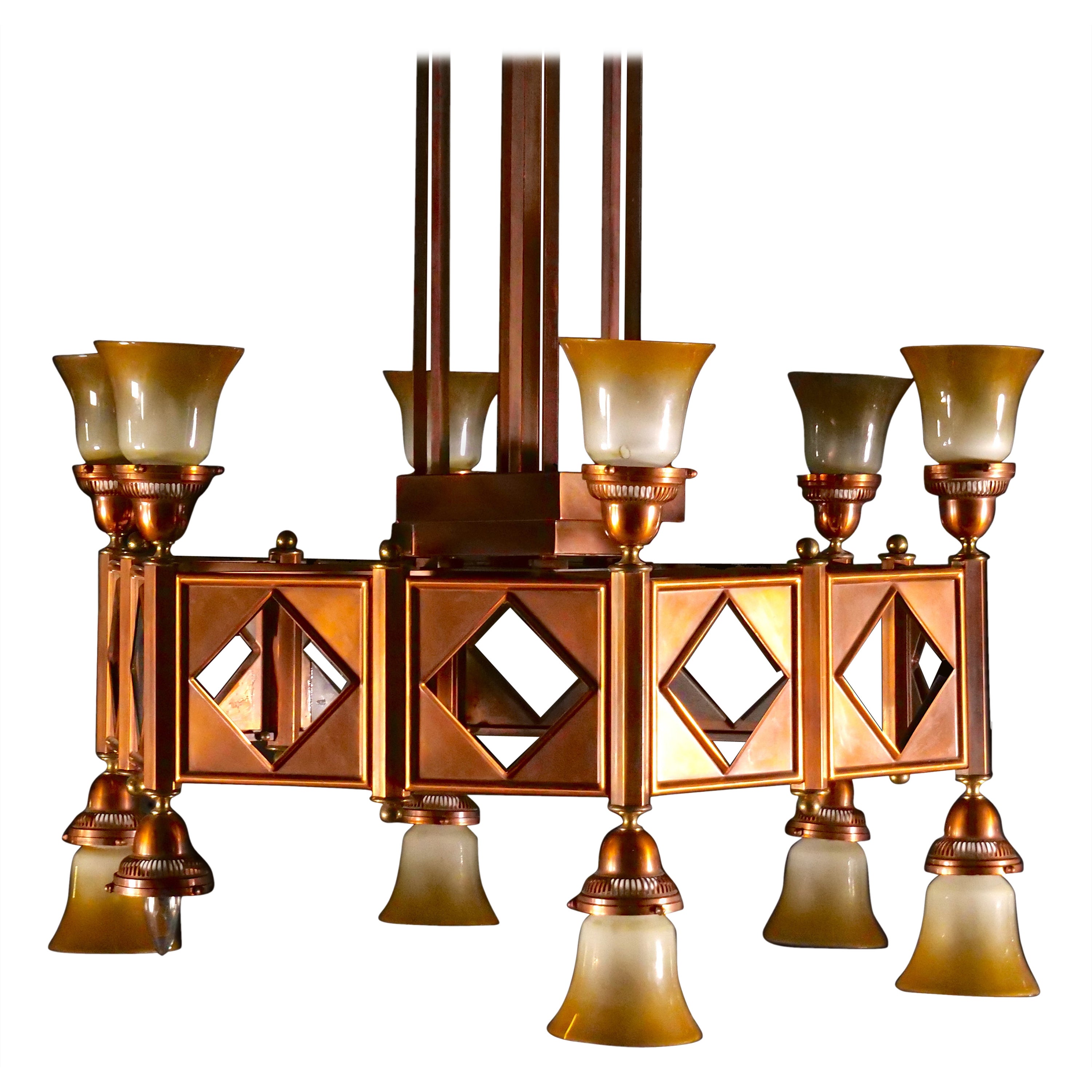 Grand lustre à 12 lumières en cuivre et laiton de style Art déco du milieu du siècle en vente