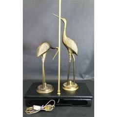 Large Midcentury Asian Chinoiserie Brass Cranes Table Lamp