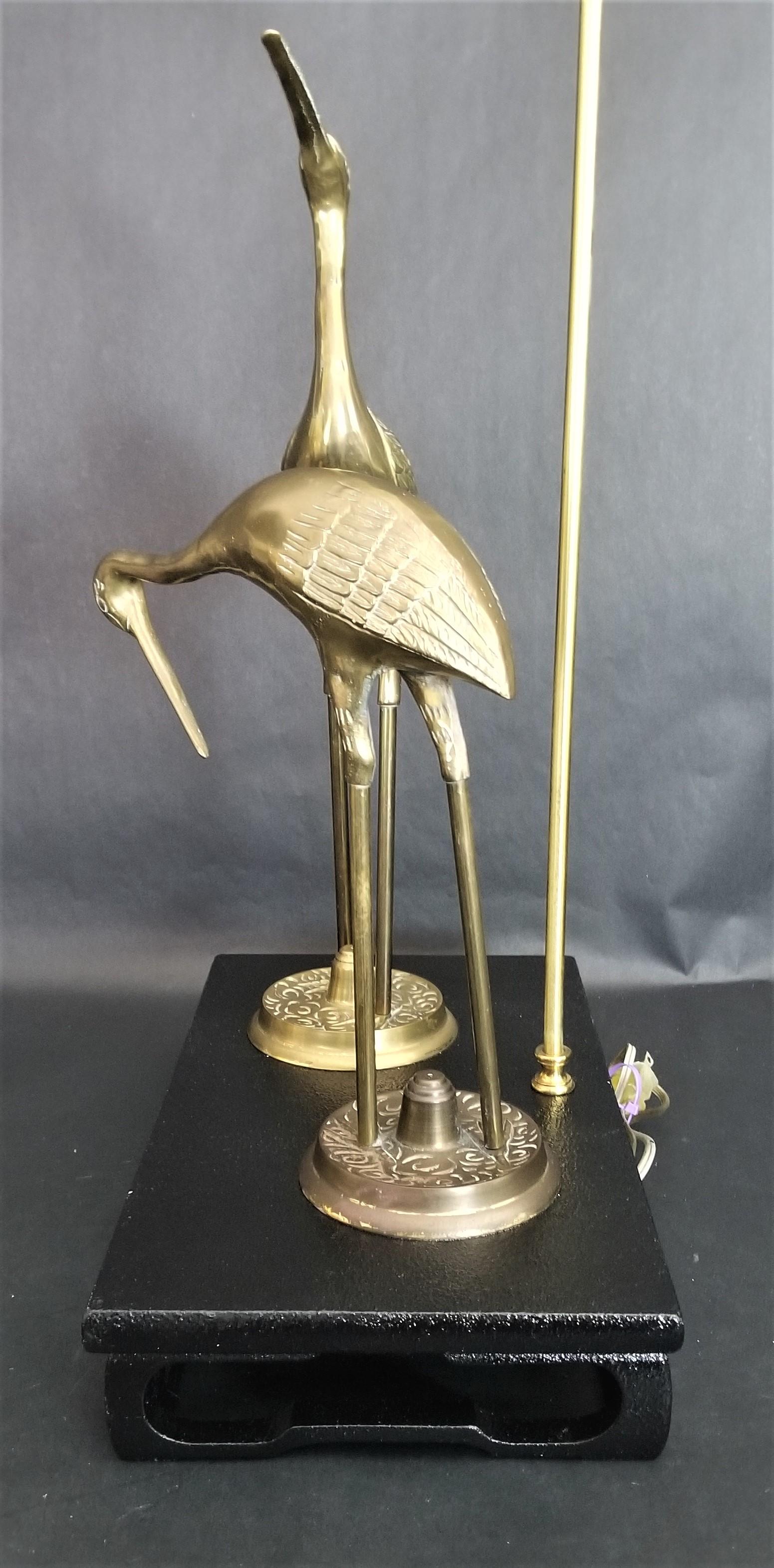 Wood Large Midcentury Asian Chinoiserie Brass Cranes Table Lamp  For Sale