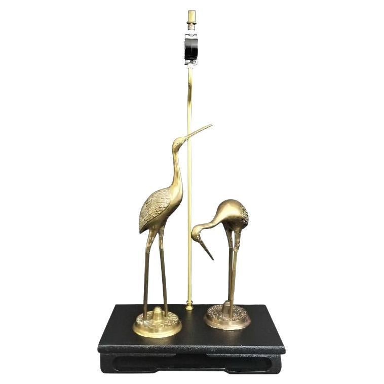 Large Midcentury Asian Chinoiserie Brass Cranes Table Lamp  For Sale