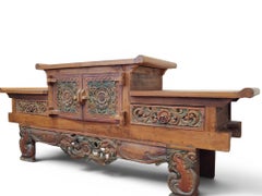 Large Mid-Century Balinese Hand-Carved Teak Sideboard - Hi-Lo Altar Cabinet