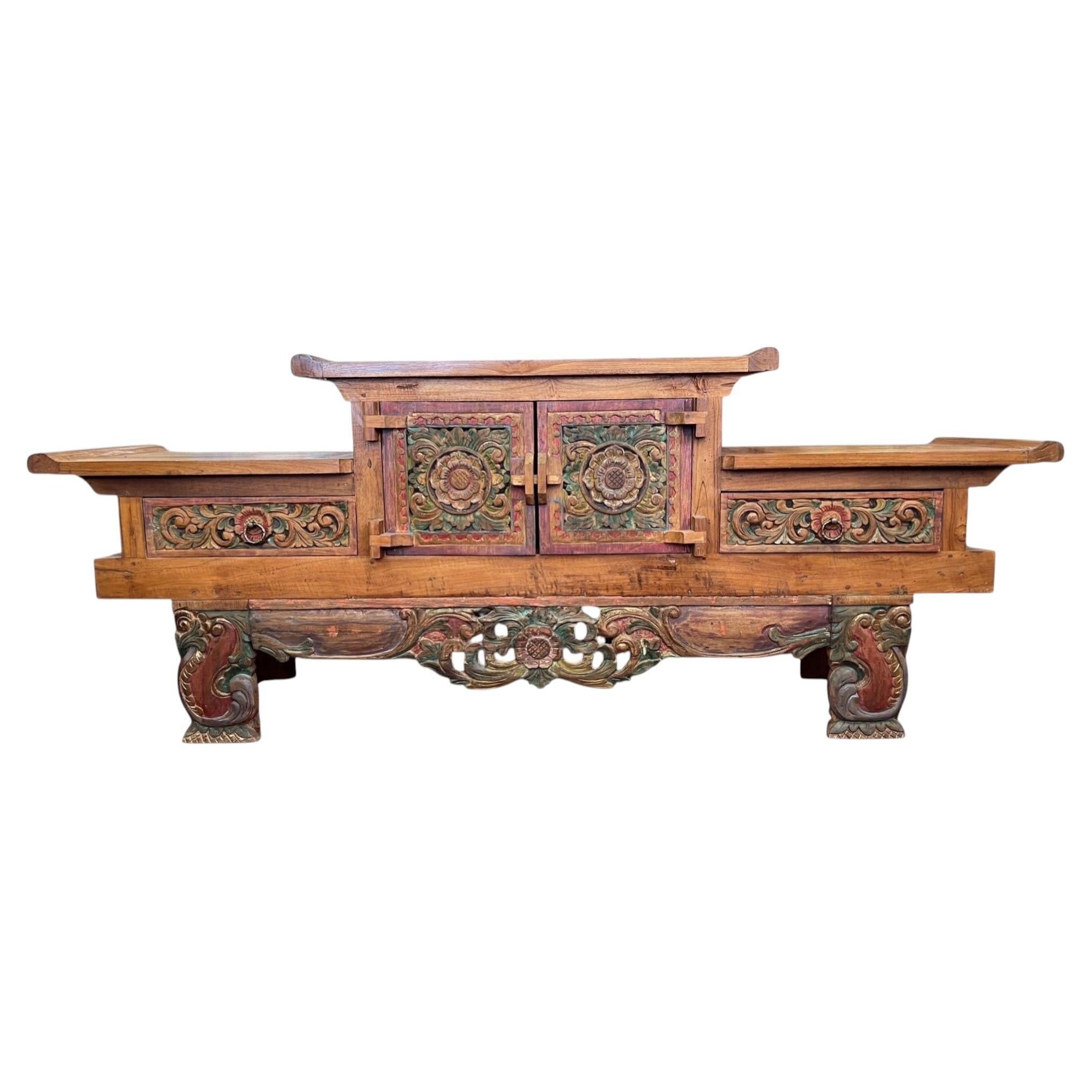 Large Mid-Century Balinese Hand-Carved Teak Sideboard - Hi-Lo Altar Cabinet For Sale