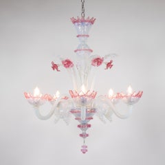 Large Mid-Century Baroque Style Opaline Five Arm Murano Chandelier  With Rigaree