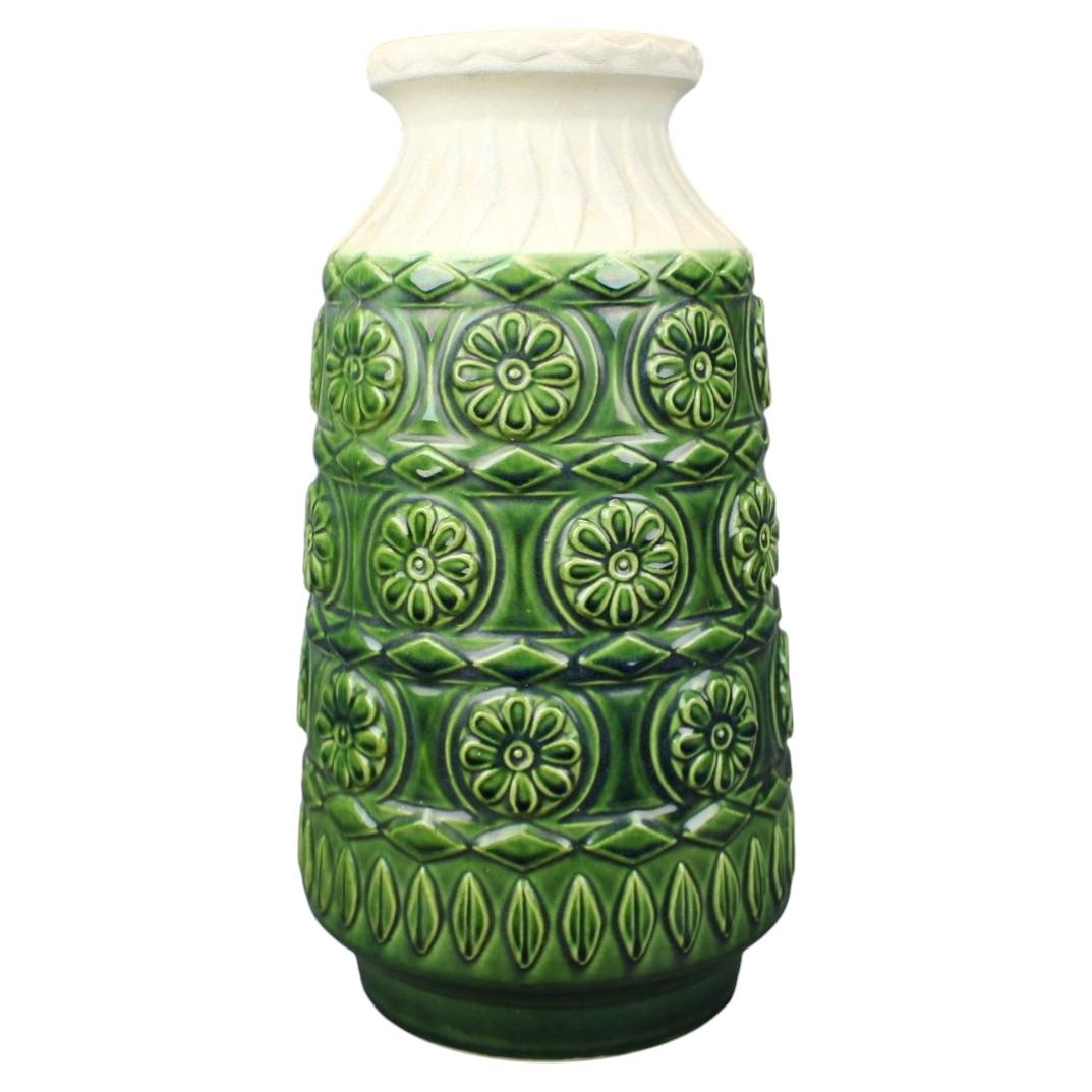 Large Mid-Century BAY Keramik Green Relief Vase, West Germany, 1970s For Sale